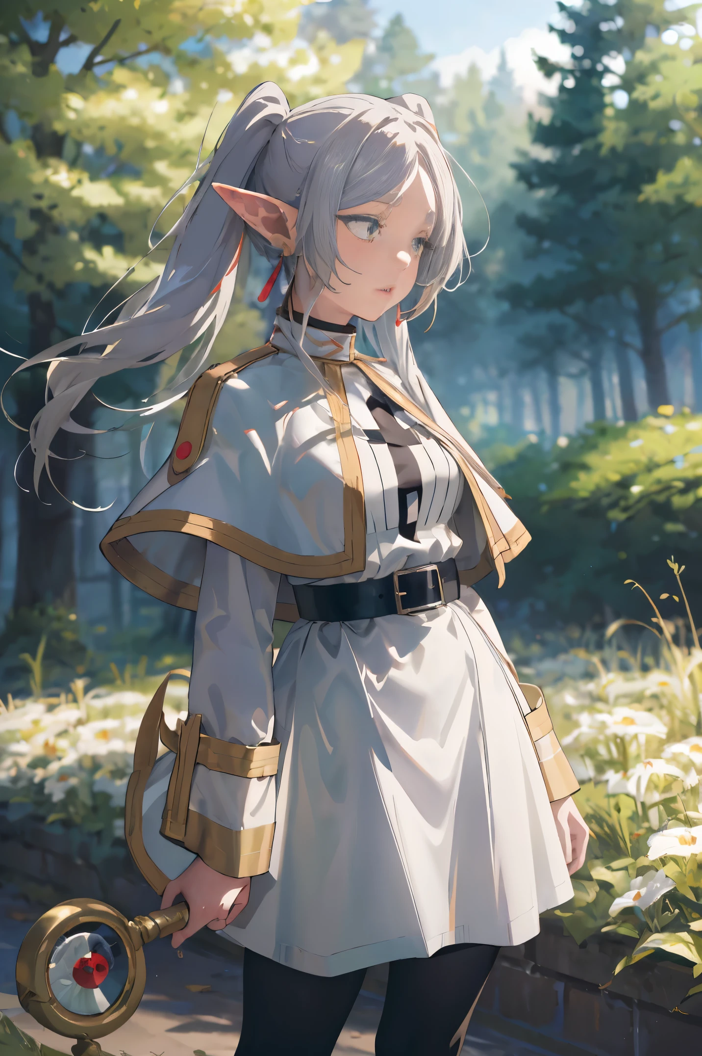 masterpiece, best quality, absurdres, perfect anatomy, FrierenBase, twintails, earrings, white capelet, striped shirt, white skirt, long sleeves, belt, black pantyhose, staff, holding staff, outdoors, forest, 