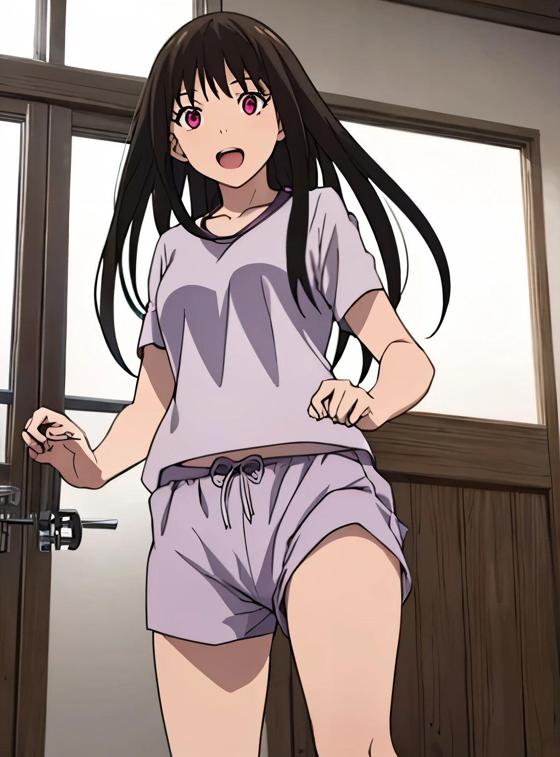 1girl, black hair, open mouth :D, medium breast, gym short sleeve white shirt, gym shorts, cute, indoors, cinematic angel, ssxy pose, perfect anatomy