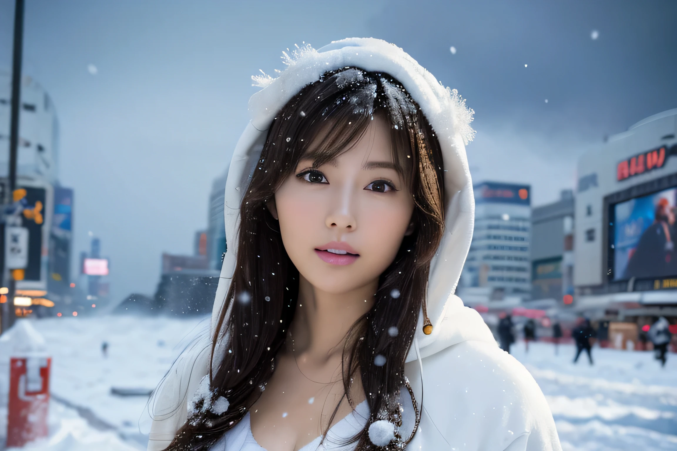 (masterpiece:1.2), Super detailed, ultra high resolution, (realistic, photo realistic:1.37), High-definition RAW color photos, professional photos, highly detailed face, very fine eyes, highly detailed skin, very fine fingers, highly detailed nose, highly detailed mouth, perfect anatomy, highly detailed background, (japanese actress:1.2), (Improve:1.3), (flat chest), brown race, black skin, Very short cut hair, Shadow, messy hair, whole body, padded jacket, white hoodie, snow in my hair, (snow in the sky:1.6), Hoodie on the head, cinematic lighting, New York's Times Square on New Year's Eve, (whole body:1.3), at night, (firework), countdown,