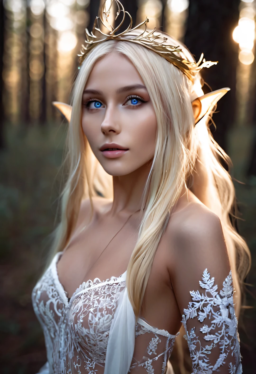 Charming half-length close-up photo of Nordic light elf, Has blonde hair, blue eyes, Exceptionally beautiful, minimalist, eternal melancholy, Stylish photography style, Dramatic firefly light, black to black, Asymmetrical composition, concept fantasy, intricate details, Perfect body, radiant skin, expressive eyes, High cheekbones, Delicate nose, bright smile, flowing hair, Wearing an exquisite lace wedding dress, Forest background under moonlight, Advertising style shoot, romantic wedding photography style, soft natural light, Shot with Canon AE-1 film camera, Lens 50mm, F/1.8, Deep light, pastel color palette, Very detailed, 8k,
