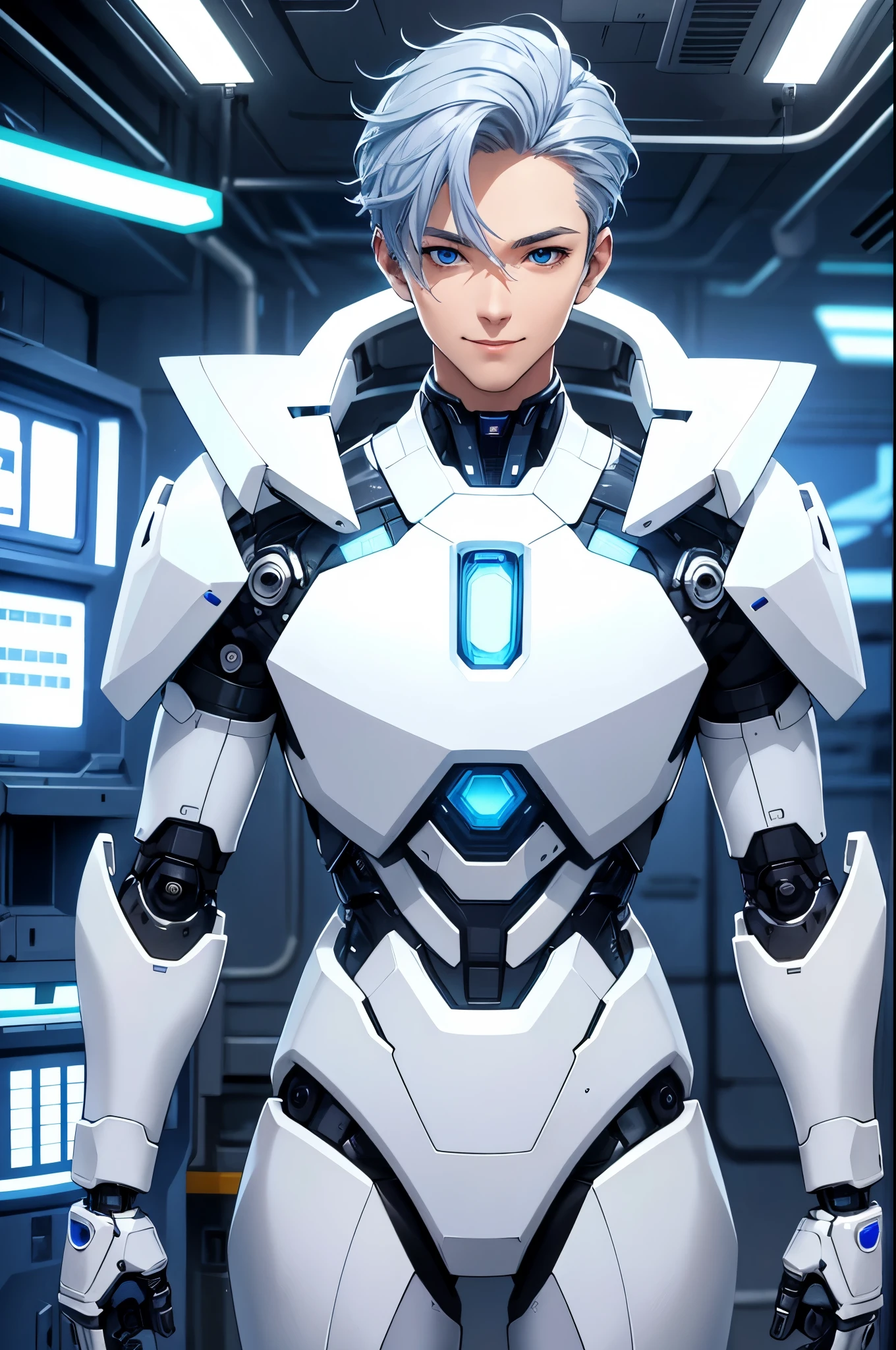 masterpiece, Best Quality, Solo Boy, Solo Man, Solo Boy, Seductive smile, Gray hair, Blue, Detailed face, 8K resolution, Handsome face, (((white Android body, mechanical parts))), inside laboratory, (charming smile),（neonlight, Vibrant glow, Dynamic color, Vivid Contrast, Futuristic atmosphere，electric energy，shiny reflective surfaces), cowboy shot, looking at viewer, standing upfront, upper body