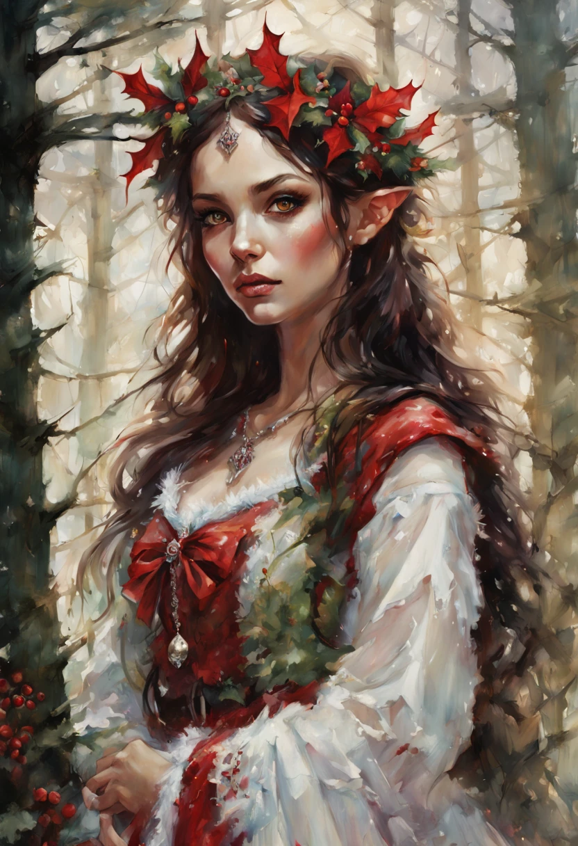 Beautiful elf queen green eyes in red- white Christmas dress , enchanted forest background, dark hair, fantasy, intricate details, hyper detailed, Jean Baptiste Monge, Carne Griffiths, Michael Garmash, seb McKinnon, masterpiece