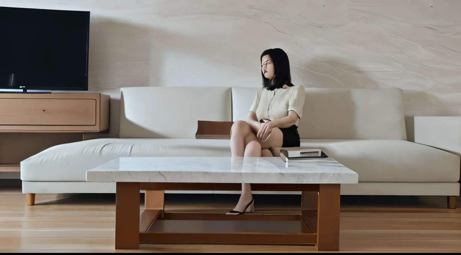 (best quality,4k,8k,highres,masterpiece:1.2),ultra-detailed,(realistic,photorealistic,photo-realistic:1.37),interior design,minimalist style,woman sitting on a sofa,marble backdrop for TV,wooden floor,coffee table