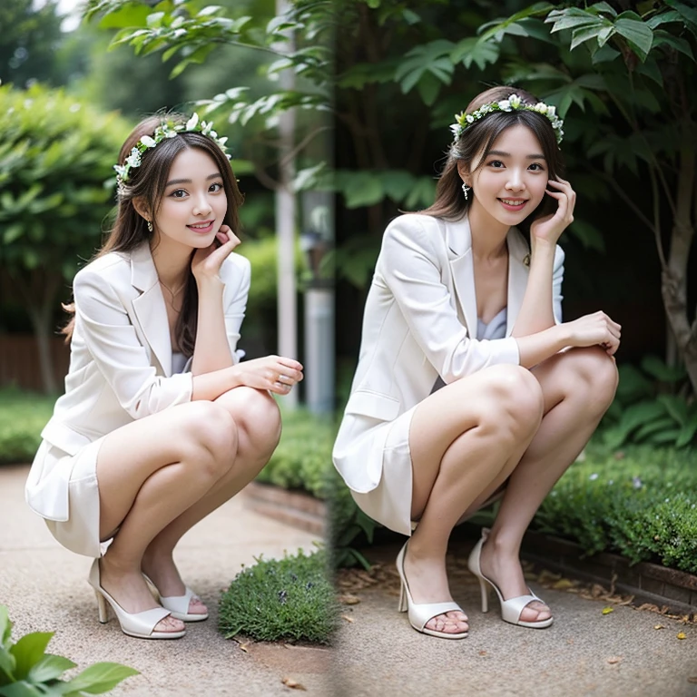 photography, garden house, Garden improvement location, Small bikini , white blazer, smile , 19 year old college girl, lovely young woman, beautiful girl, Korean model, white, Healthy skin, delicate eyes, Double eyelids, earring, flower crown, full body photo, realistic hand, realistic fingers, detailed hands, Finger details