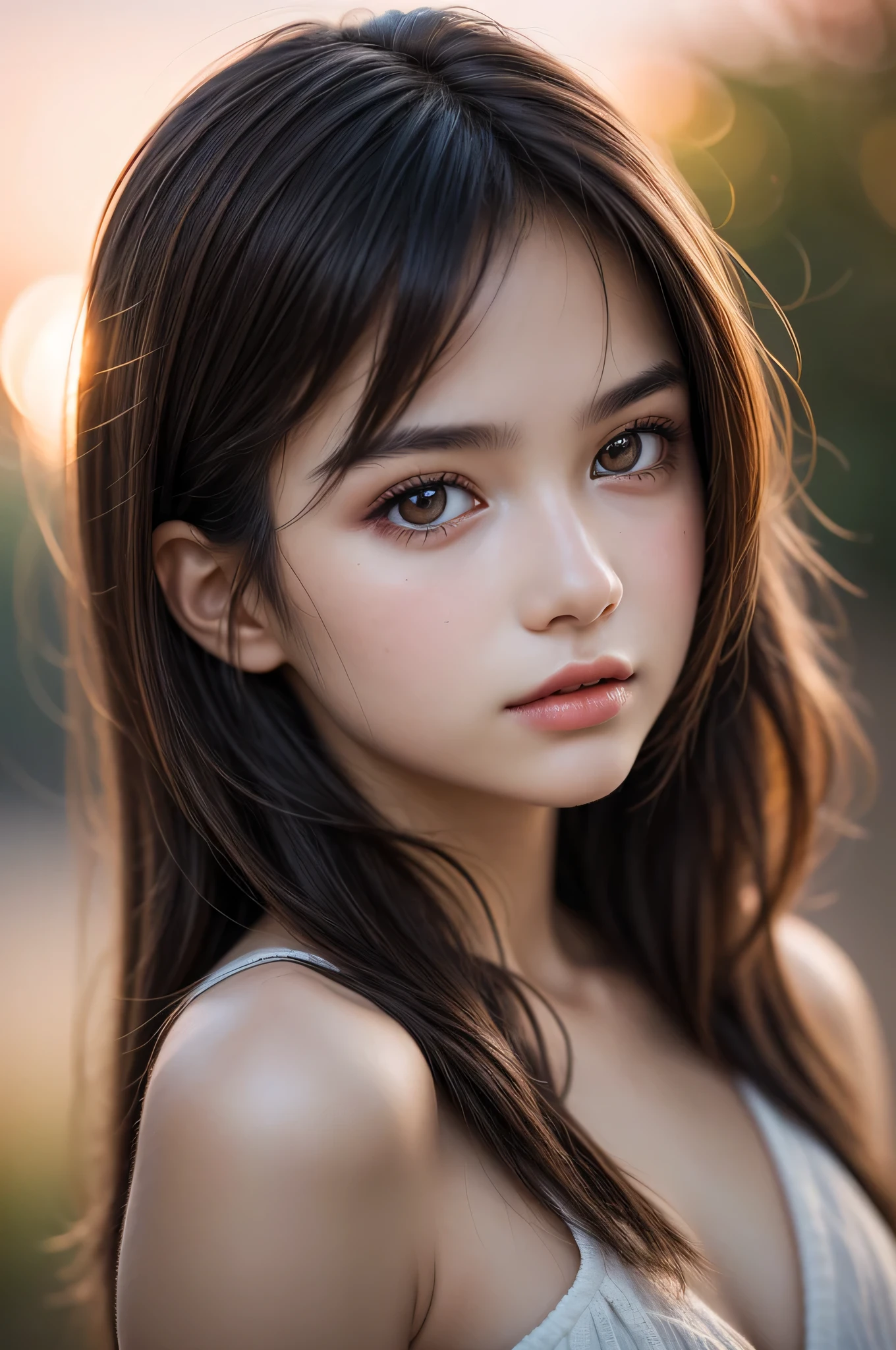 (best quality), (ultra-detailed), (llustration), (detailed light), (an extremely delicate and beautiful), 1young girl, brown hair, brown eyes, model, bare shoulders, best quality, extremely detailed CG unified 8k wallpaper, High-definition raw color photos, professional photograpy, (((Bokeh))), depth of fields, twilight, sunset,