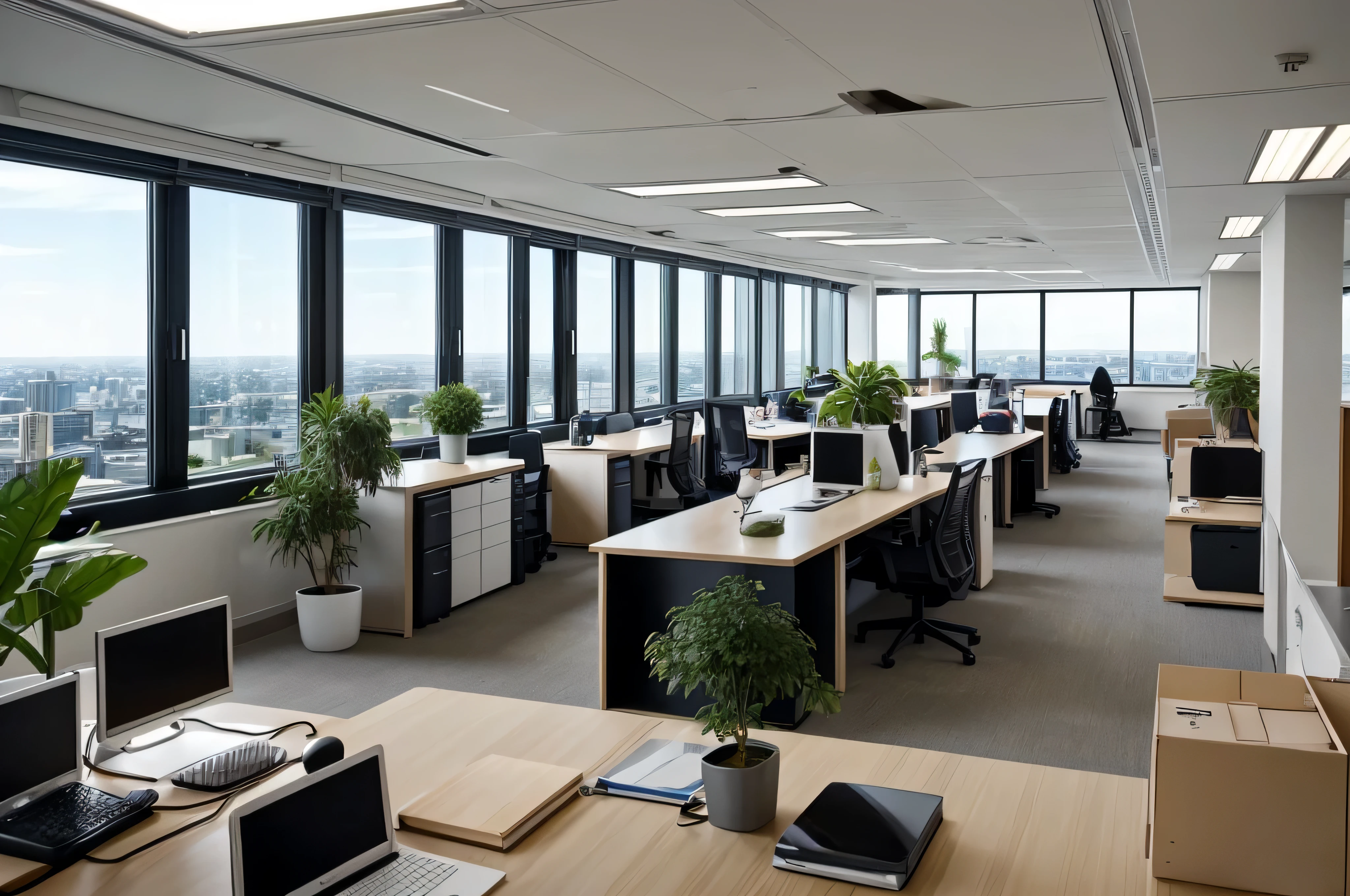 Offices on high floors、simple、stylish、genuine、photograph、company、company案内に使えるphotograph、company案内用のphotograph、workplace atmosphere、big room、広いphotograph、using a wide-angle lens、space、Design Office、Foliage plant、何peopleが働いていますか、働くpeople々is an afterimage、workers are on the move、workers are standing、people々Can be&#39;I can&#39;t see your face because of the afterimage.