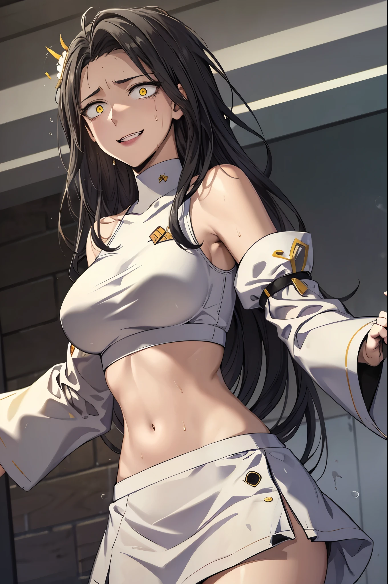 masterpiece,best quality,1girl,(mature female),orihimedef,,BLACK hair,yellow eyes,hair ornament,center opening,navel,midriff,skirt,detached sleeves,seductive smile,((sweat,sweatdrop,steaming body)),looking at viewer,sunlight,(dutch angle),scared expression
