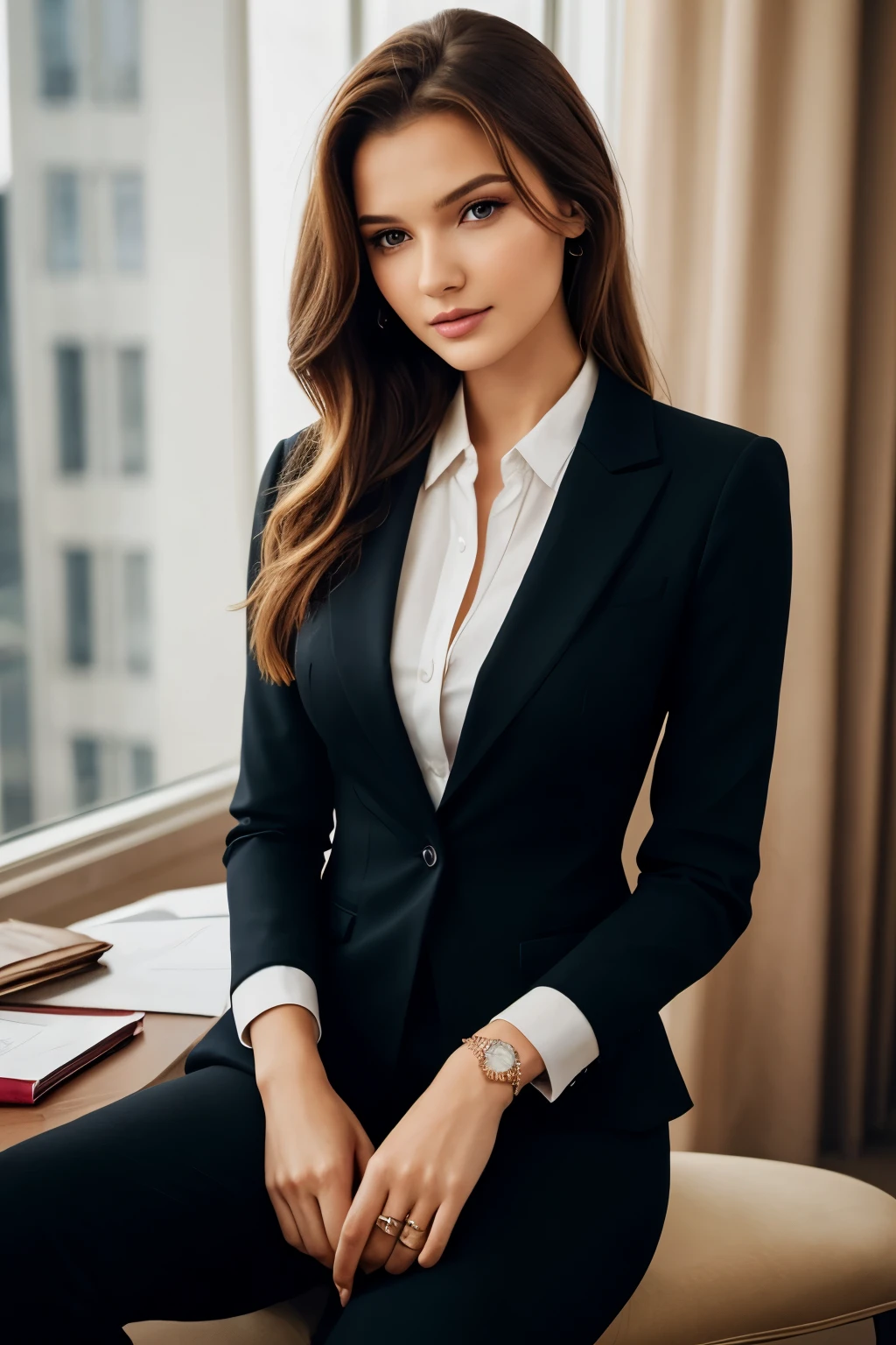 A counsellor woman dressed in a suit resembling the beautiful intelligent reassuring wise Kristina Romanova looks at the camera