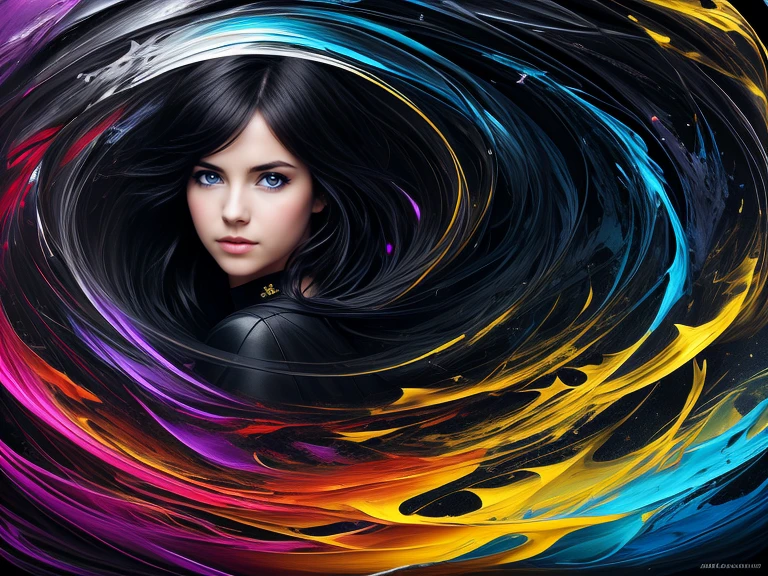 Colorful beautiful girl: 28-years old, messy hair, oil painting, nice perfect face with soft skin, nice perfect face, blue yellow colors, light purple and violet additions, light red additions, intricate detail, splash screen, 8k resolution, masterpiece, cute face,artstation digital painting smooth veryBlack ink flow: 8k resolution photorealistic masterpiece: intricately detailed fluid gouache painting: by Jean Baptiste Mongue: calligraphy: acrylic: watercolor art, professional photography, natural lighting, volumetric lighting maximalist photoillustration: by marton bobzert:, complex, elegant, expansive, fantastical, wavy hair, vibrant, Best quality details, realistic, High definition, High quality texture, epic lighting, Cinematic film still, 8k, soft lighting, anime style, masterful playing card border, random Colorful art, oil painting, blue yellow colors, light purple and violet additions, light red additions, intricate detail, splash screen, 8k resolution, masterpiece, artstation digital painting smooth veryBlack ink flow: 8k resolution photorealistic masterpiece: intricately detailed fluid gouache painting: by Jean Baptiste Mongue: calligraphy: acrylic: watercolor art, professional photography, natural lighting, volumetric lighting maximalist photoillustration: by marton bobzert:, complex, elegant, expansive, fantastical, vibrant, ((dark plain black background:1.4))