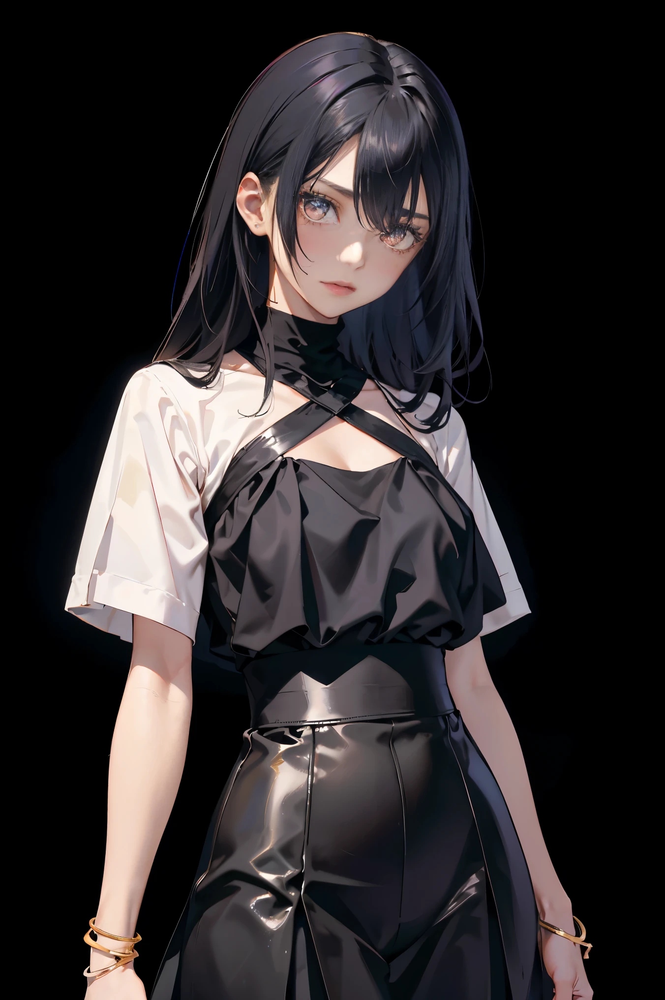 a 20 yo woman、Black blue Hair、poneyTail、(hi-top fade:1.3)、dark themed、Muted Tones、Subdued Color、highly contrast、(natural skin textures、Hyper-Realism、Soft light、sharp)、makeup, mascara, Lips are subdued or colors, simple black background, Minimalism, monotone, simple color palettes, Clean, sharp designs, flowing silhouettes, Tight skirts and pants, high-waisted skirts and pants, simple dresses, shirts and blouses, asymmetrical, geometric, Elegant and luxurious materials and designs, Simple, minimal accessories, Slim necklaces and rings in silver or gold, Simple bangles, Distinctive designs, simple silhouettes, simple and sophisticated style, elegance, minimalism, high quality materials, cool and urban impression, high fashion, simplicity and sophistication,Santa Costumes、Christmas、Christmas cosplay、The background is a Christmas tree、