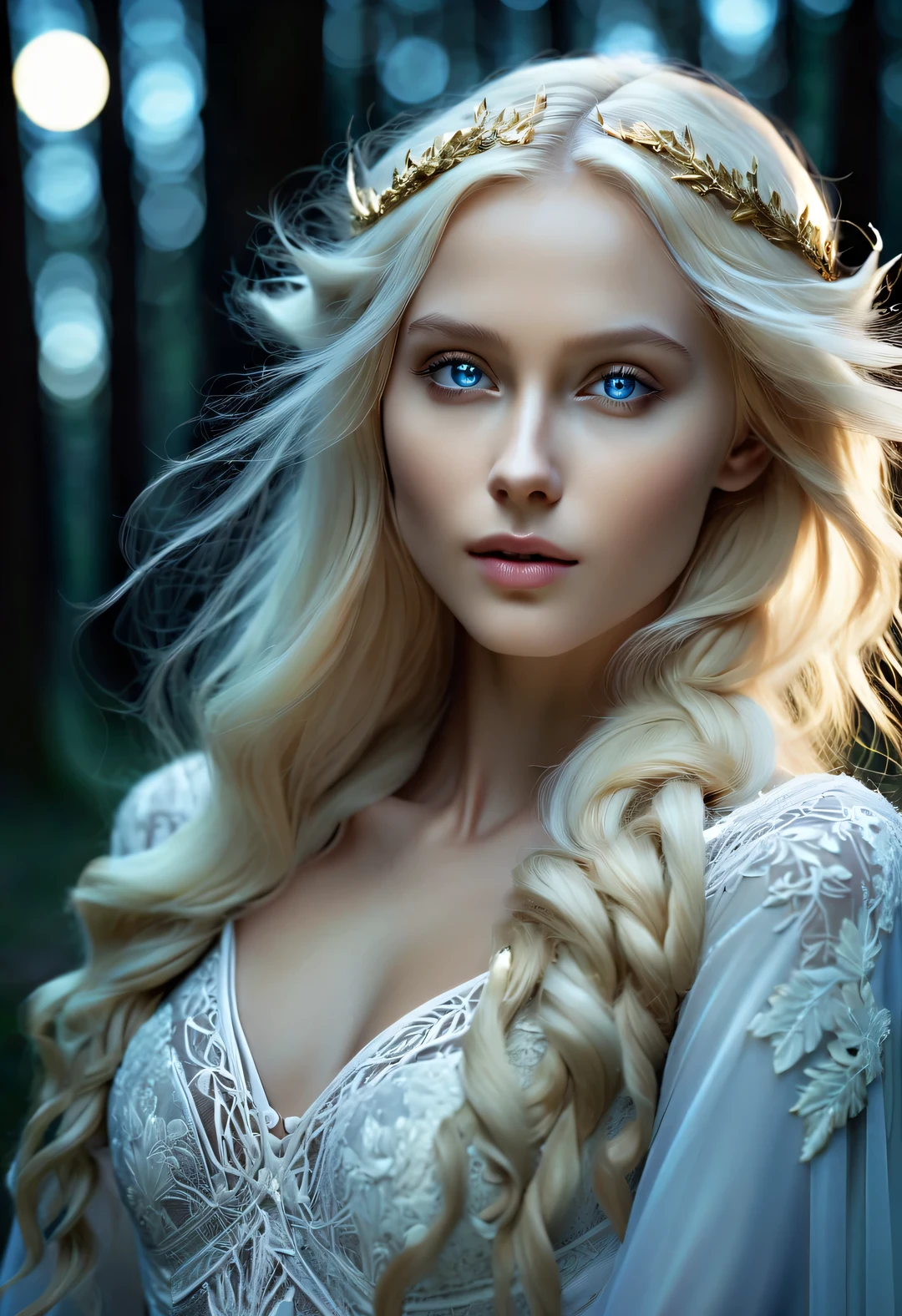 Charming half-length close-up photo of Nordic light elf, Has blonde hair, blue eyes, Exceptionally beautiful, minimalist, eternal melancholy, Stylish photography style, Dramatic firefly light, black to black, Asymmetrical composition, concept fantasy, intricate details, Perfect body, radiant skin, expressive eyes, High cheekbones, Delicate nose, bright smile, flowing hair, Wearing an exquisite white high-end lace wedding dress, Forest background under moonlight, Advertising style shoot, romantic wedding photography style, soft natural light, Shot with Canon AE-1 film camera, Lens 50mm, F/1.8, Deep light, pastel color palette, Very detailed, 8k,