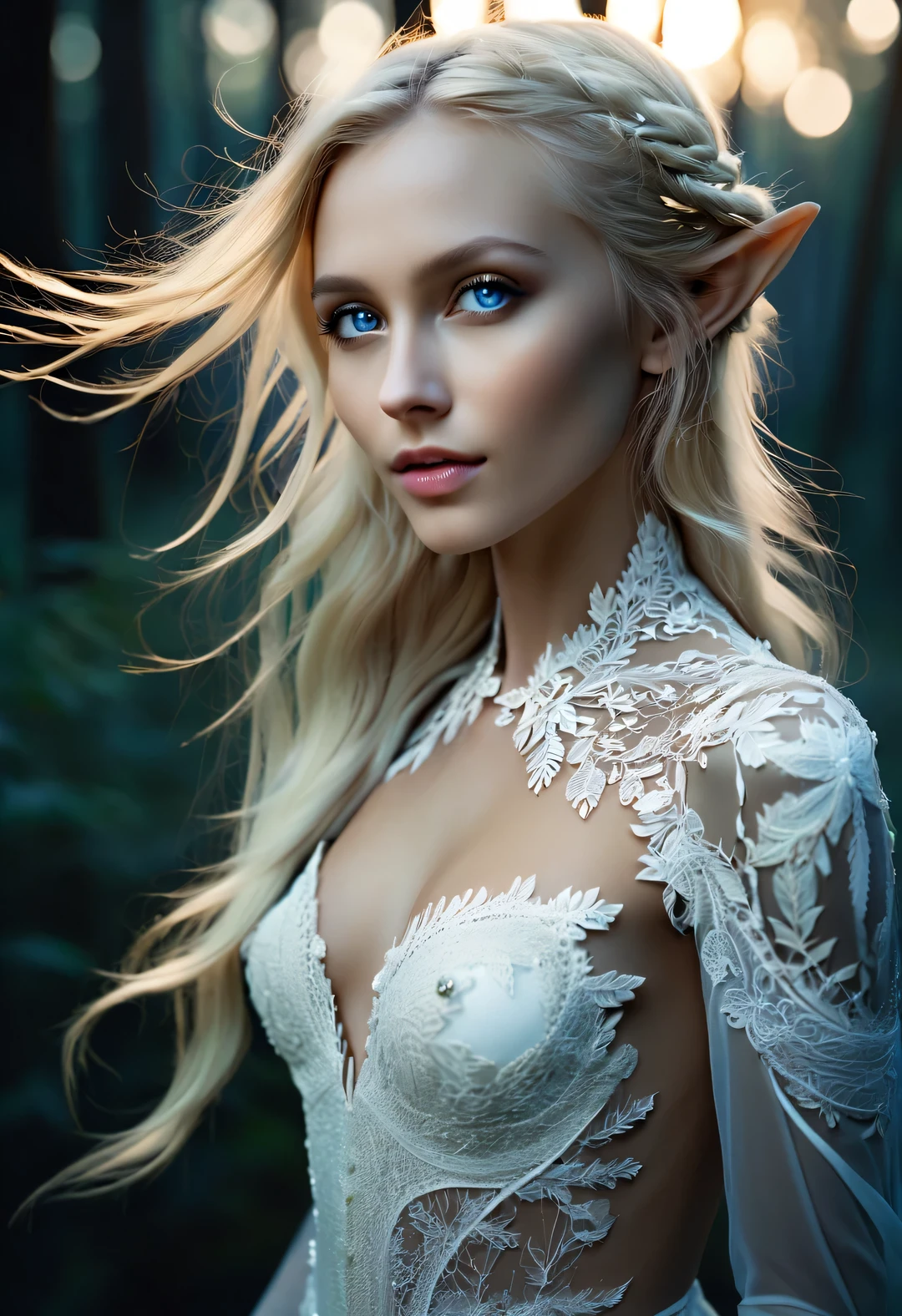 Charming half-length close-up photo of Nordic light elf, Has blonde hair, blue eyes, Exceptionally beautiful, minimalist, eternal melancholy, Stylish photography style, Dramatic firefly light, black to black, Asymmetrical composition, concept fantasy, intricate details, Perfect body, radiant skin, expressive eyes, High cheekbones, Delicate nose, bright smile, flowing hair, Wearing an exquisite white high-end lace wedding dress, Forest background under moonlight, Advertising style shoot, romantic wedding photography style, soft natural light, Shot with Canon AE-1 film camera, Lens 50mm, F/1.8, Deep light, pastel color palette, Very detailed, 8k,