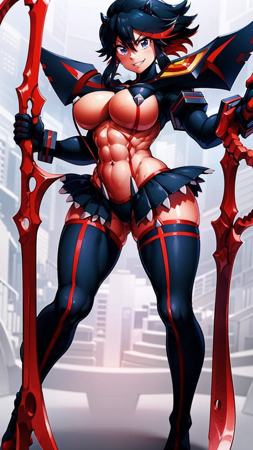 matoi ryuuko, dark armor, magical girl, dragon wings, kill la kill, red hair, large breasts, abs, wide hips, thick thighs, thick arms, pants, standing, black body suit, full body, boots,smile, pullover, miniskirt, black pullover,, black bodysuit, red hair, sword holding, bodysuit in the chest