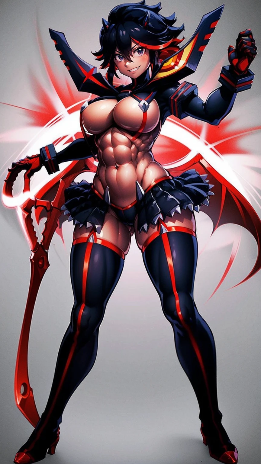 matoi ryuuko, dark armor, magical girl, dragon wings, kill la kill, red hair, large breasts, abs, wide hips, thick thighs, thick arms, pants, standing, black body suit, full body, boots,smile, pullover, miniskirt, black pullover,, black bodysuit, red hair, sword holding, bodysuit in the chest