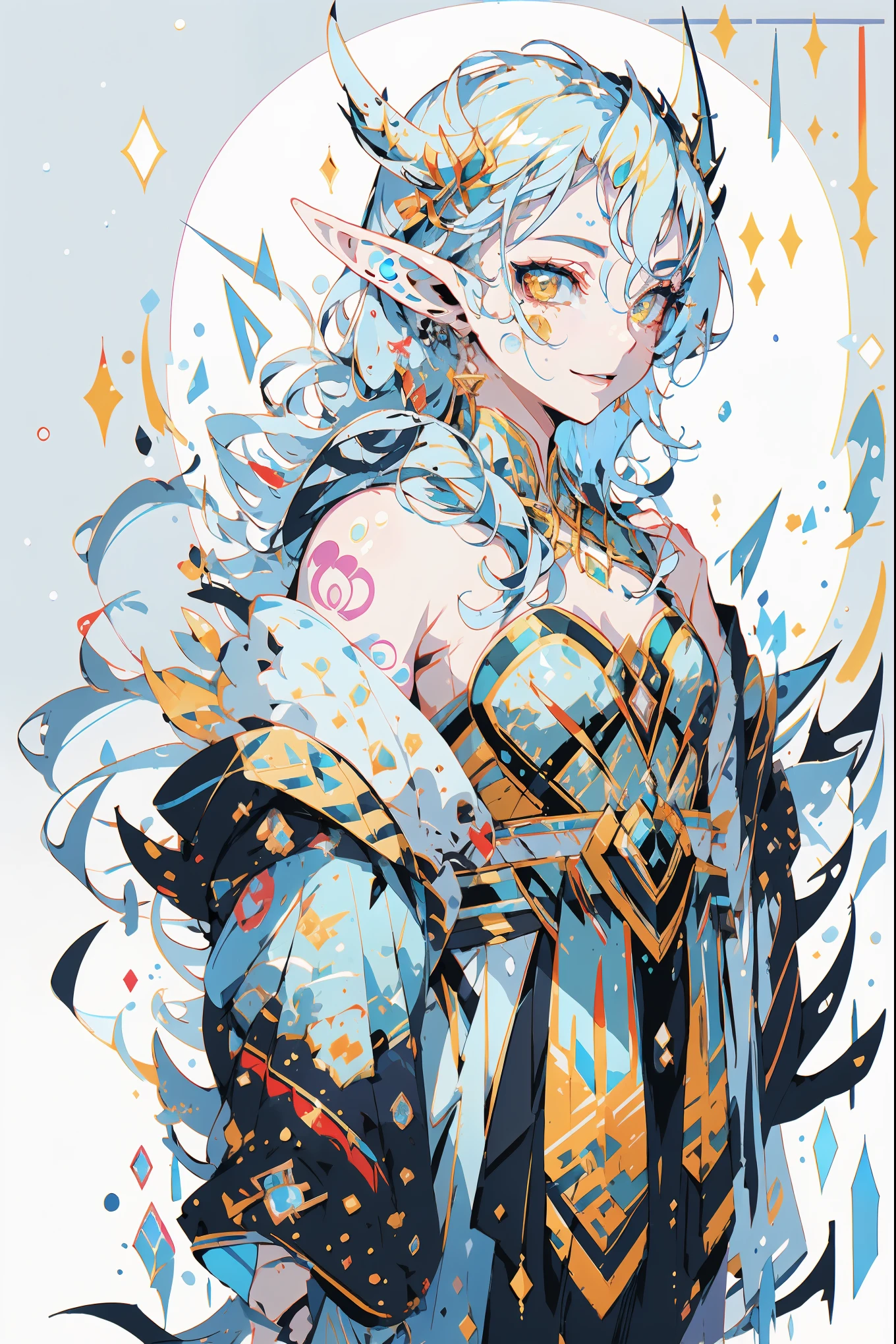 (portrait of an ice elf:1.2), medium length elf ears, pointy ears,ice around, frosty theme,( shiny yellow eyes:1.2), light cold smile, arrogant facial expression, sexy Russian style costume, Blue crystal jewelry, icy blue glowing tattoos,Detailed,Realistic,4k highly detail,by Mappa studios,masterpiece,best quality,official art,illustration,ligne claire,(cool_color),perfect composition,fantasy,focused,rule of third