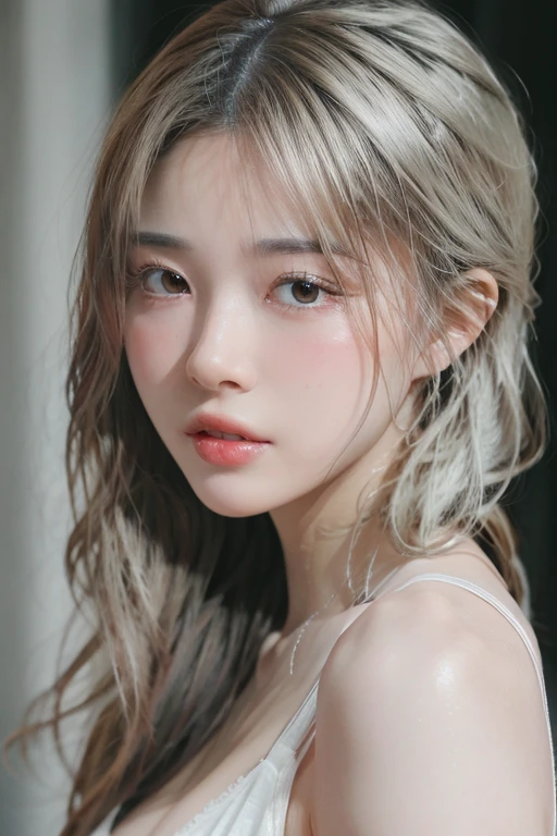 best quality,masterpiece,extremely detailed,high res,4k,ultra high res,detailed shadow,ultra realistic,realistic,dramatic lighting,1girl,solo,detailed face,realistic eyes,realistic skin,黒いキャミソール,silver hair,dynamic pose,