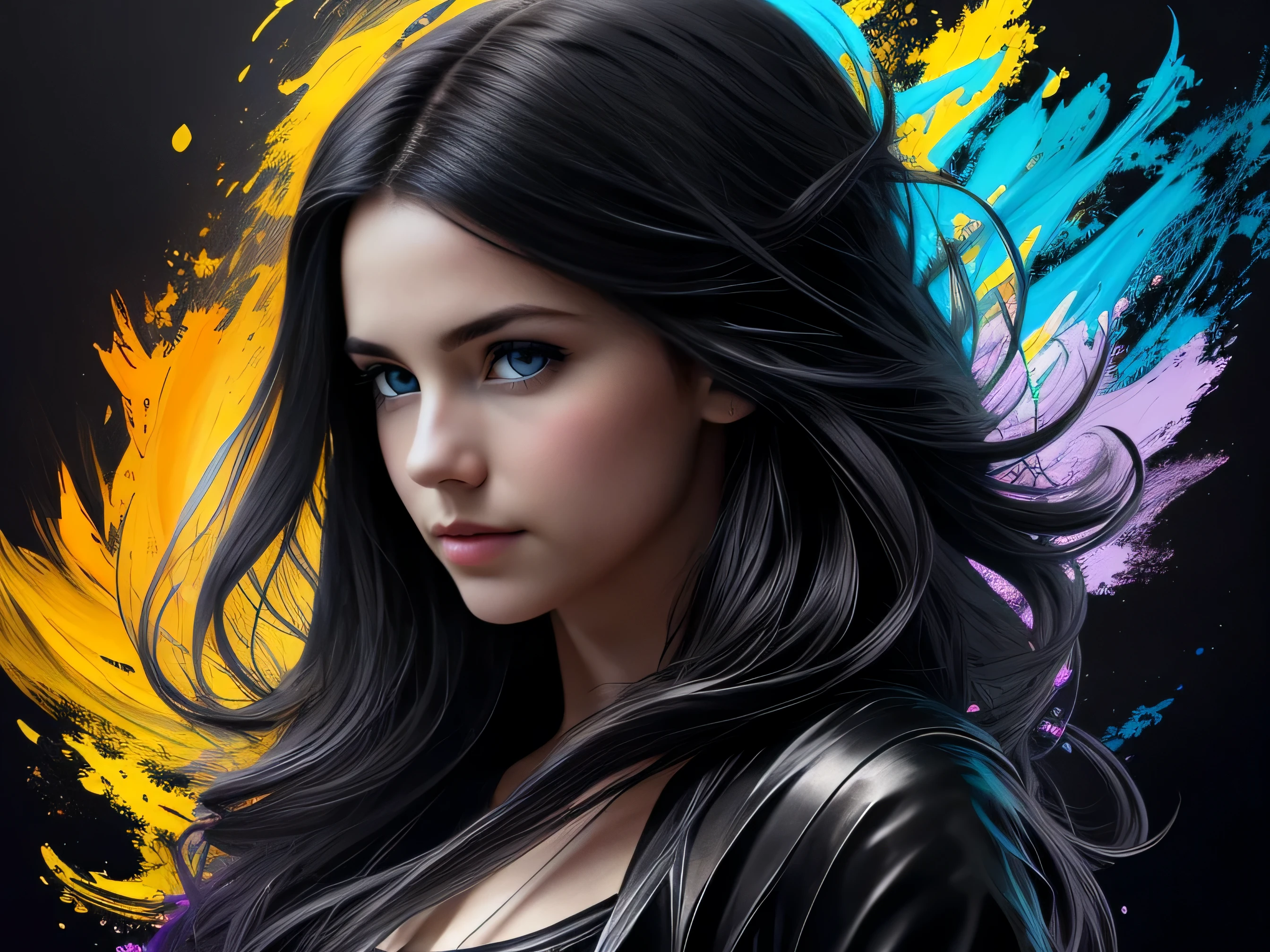 Colorful beautiful girl: 28-years old, messy hair, oil painting, nice perfect face with soft skin, nice perfect face, blue yellow colors, light purple and violet additions, light red additions, intricate detail, splash screen, 8k resolution, masterpiece, cute face,artstation digital painting smooth veryBlack ink flow: 8k resolution photorealistic masterpiece: intricately detailed fluid gouache painting: by Jean Baptiste Mongue: calligraphy: acrylic: watercolor art, professional photography, natural lighting, volumetric lighting maximalist photoillustration: by marton bobzert:, complex, elegant, expansive, fantastical, wavy hair, vibrant, Best quality details, realistic, High definition, High quality texture, epic lighting, Cinematic film still, 8k, soft lighting, anime style, masterful playing card border, random Colorful art, oil painting, blue yellow colors, light purple and violet additions, light red additions, intricate detail, splash screen, 8k resolution, masterpiece, artstation digital painting smooth veryBlack ink flow: 8k resolution photorealistic masterpiece: intricately detailed fluid gouache painting: by Jean Baptiste Mongue: calligraphy: acrylic: watercolor art, professional photography, natural lighting, volumetric lighting maximalist photoillustration: by marton bobzert:, complex, elegant, expansive, fantastical, vibrant, ((dark plain black background:1.4))