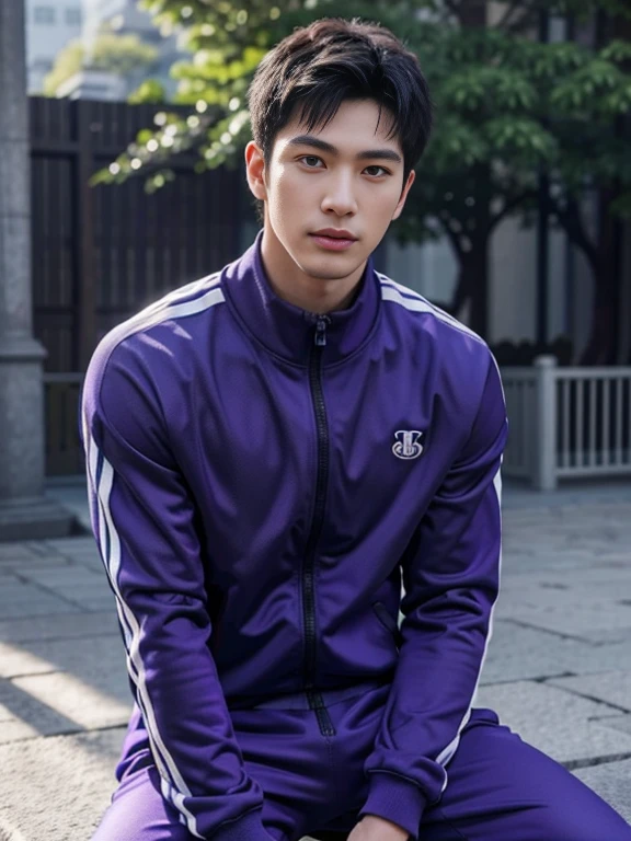 highest quality、masterpiece、A high resolution、hyperrealism、((Full Body Shot))、detailed face、solo、1people's men、black hair、glowing skin、dense skin、(Asian)、日本people's men、(((face without beard)))、(High resolution、super detailed)、1 male、(20 year old male)、Handsome、Plain face、Salt face、tall man、short hair、Bangs should be pulled down、Face-length contours、Soft cheeks、Black eyebrows、Fair skin、 CG Unity 8K、intricate details、detailed background、detailed face、Handsome、cool look、((wearing purple tracksuit))、daytime park、Natural light