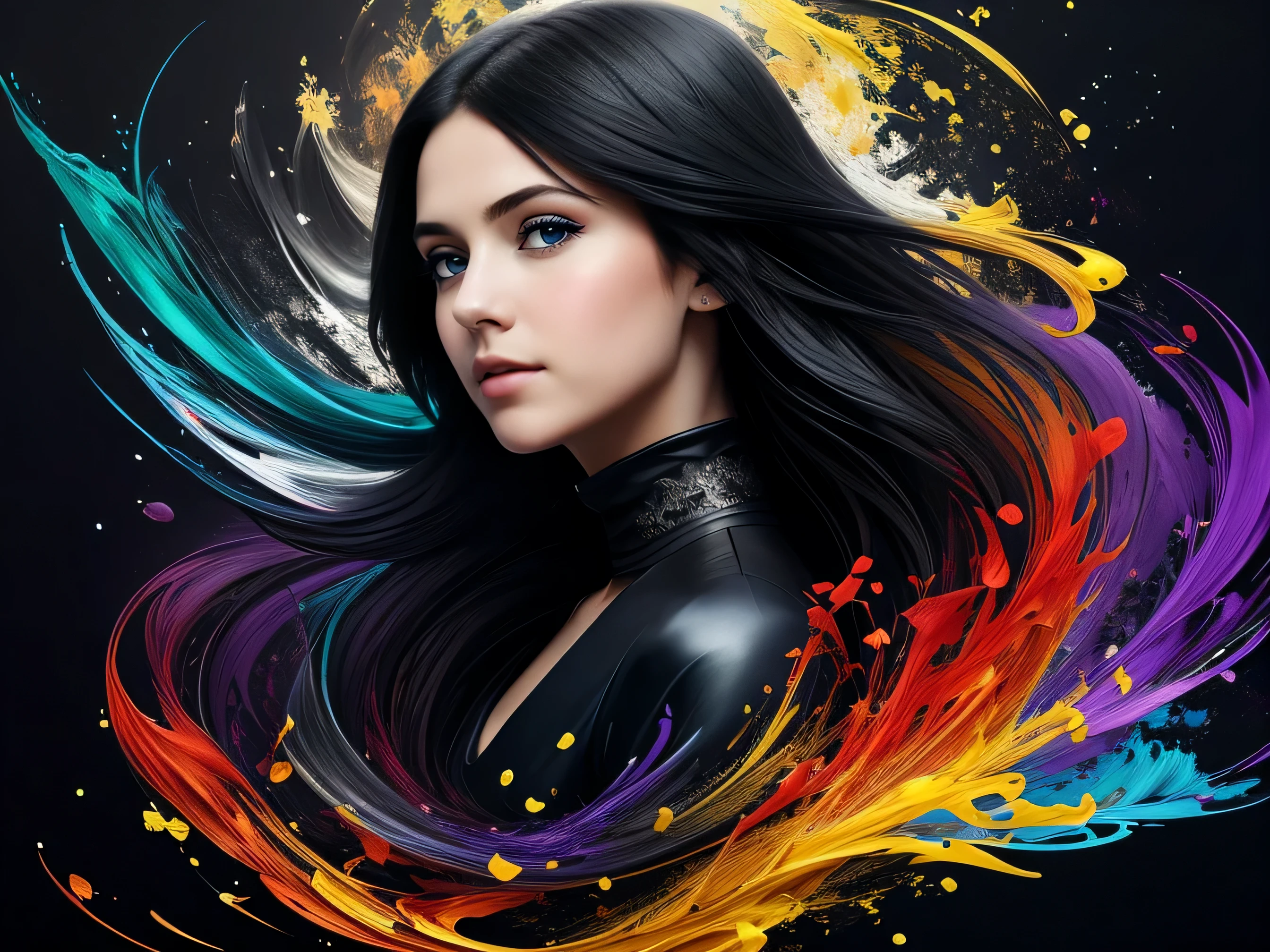 Colorful beautiful girl: 28-years old, messy hair, oil painting, nice perfect face with soft skin, nice perfect face, blue yellow colors, light purple and violet additions, light red additions, intricate detail, splash screen, 8k resolution, masterpiece, cute face,artstation digital painting smooth veryBlack ink flow: 8k resolution photorealistic masterpiece: intricately detailed fluid gouache painting: by Jean Baptiste Mongue: calligraphy: acrylic: watercolor art, professional photography, natural lighting, volumetric lighting maximalist photoillustration: by marton bobzert:, complex, elegant, expansive, fantastical, wavy hair, vibrant, Best quality details, realistic, High definition, High quality texture, epic lighting, Cinematic film still, 8k, soft lighting, anime style, masterful playing card border, random Colorful art, oil painting, blue yellow colors, light purple and violet additions, light red additions, intricate detail, splash screen, 8k resolution, masterpiece, artstation digital painting smooth veryBlack ink flow: 8k resolution photorealistic masterpiece: intricately detailed fluid gouache painting: by Jean Baptiste Mongue: calligraphy: acrylic: watercolor art, professional photography, natural lighting, volumetric lighting maximalist photoillustration: by marton bobzert:, complex, elegant, expansive, fantastical, vibrant, ((dark plain black background:1.4))