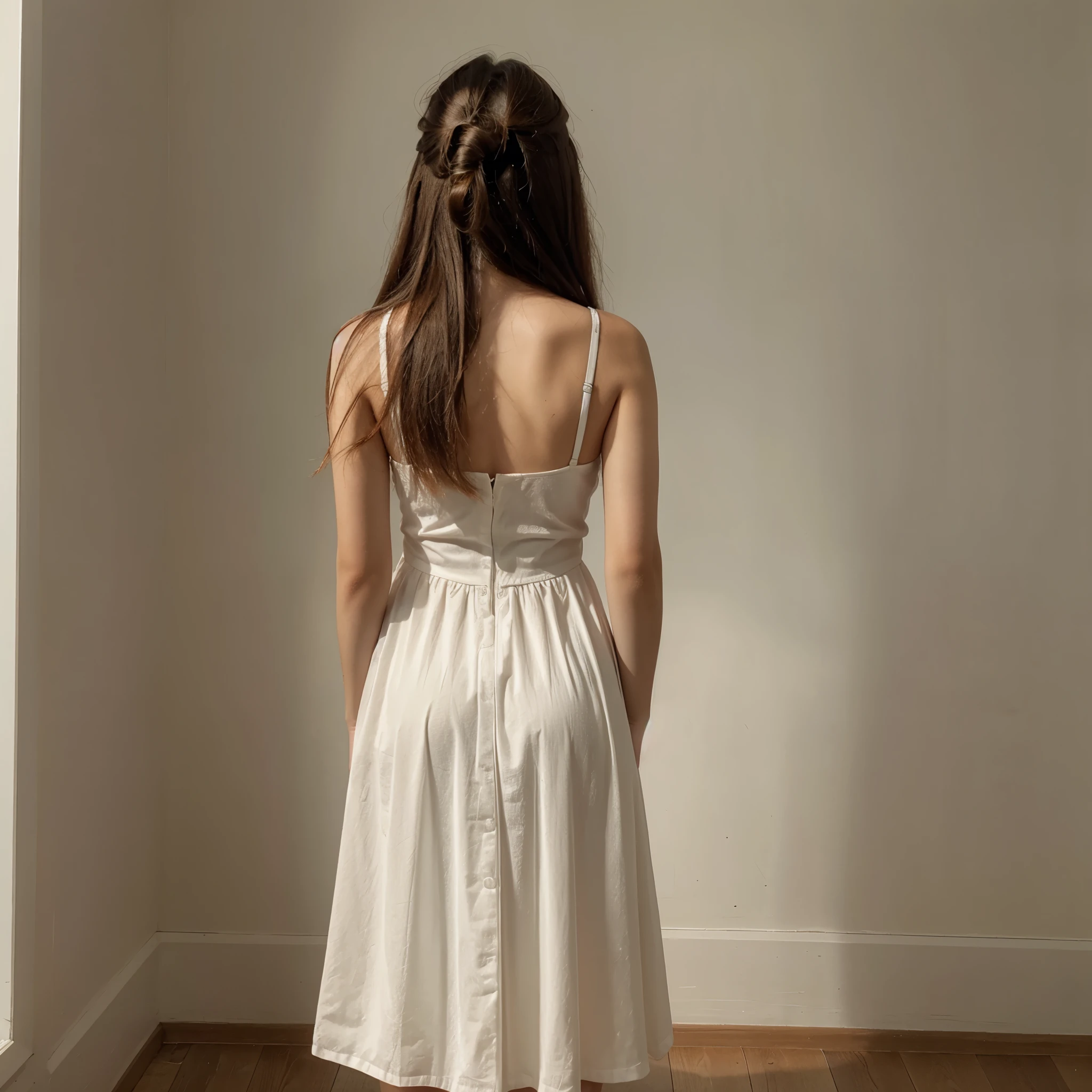 Beautiful girl in a dress standing in the corner with her hands behind her back