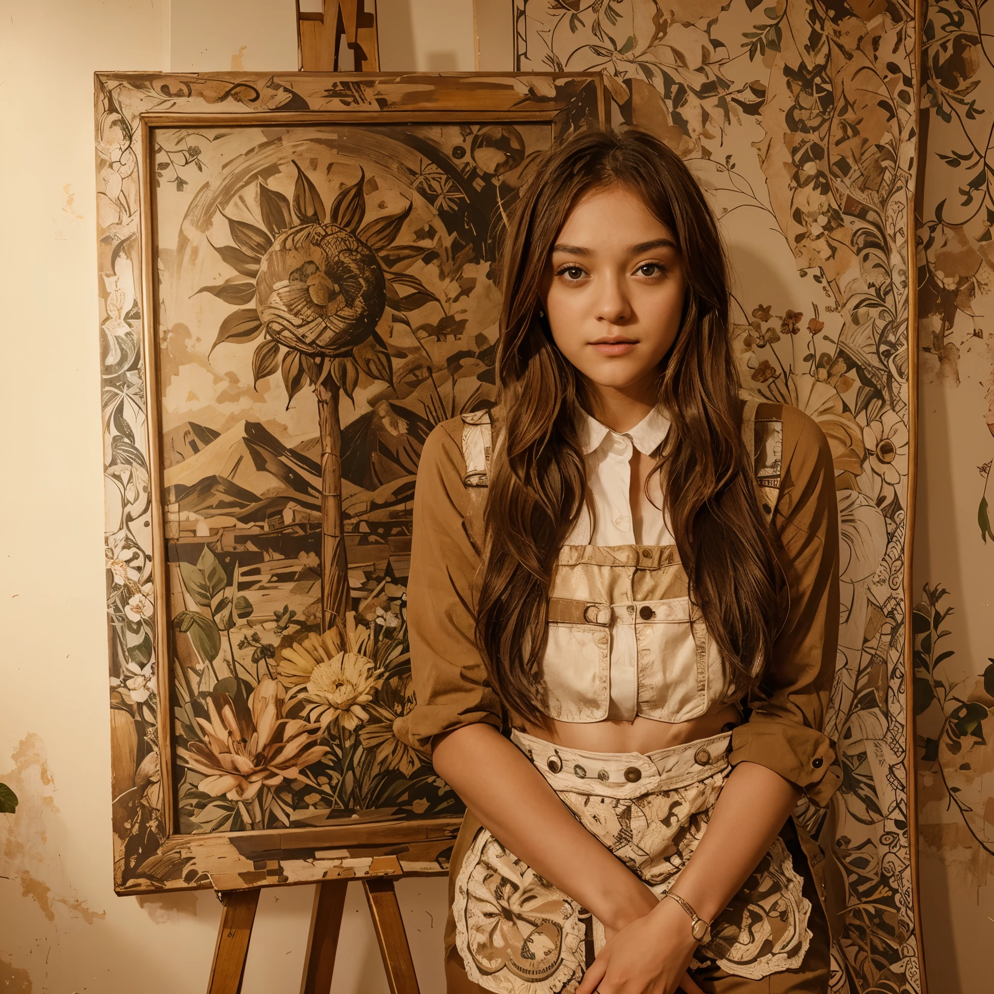 photograph of a young latin woman, con parecido a Dakota Fanning, Brown hair, ella es pintora, lleva puesto un overall de mezclilla, she is standing next to her artwork