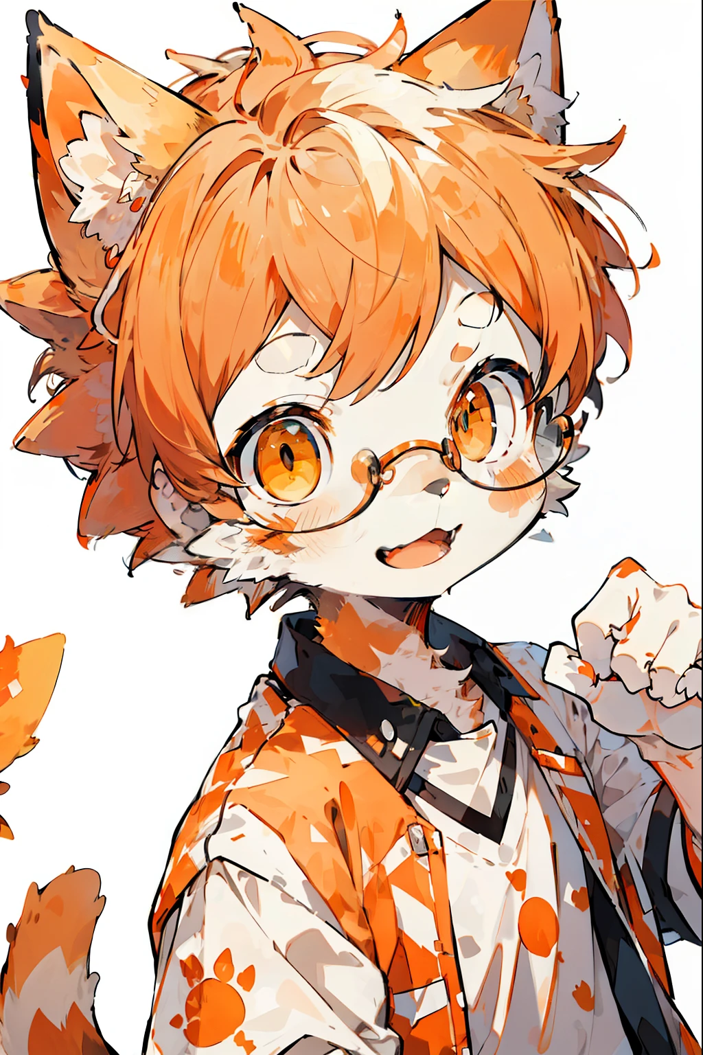 depth of field, perfect lighting, The highest quality of light particleasterpiece), (super detailed), sharp focus, light particles, One was wearing a white shirt、boy wearing black glasses, hairy, (orange hair), beige background, Sticking out tongue, Selling cute ones, blush, happy expression, (Two orange and white animal cat ears), golden eyes, short hair, kitten ears