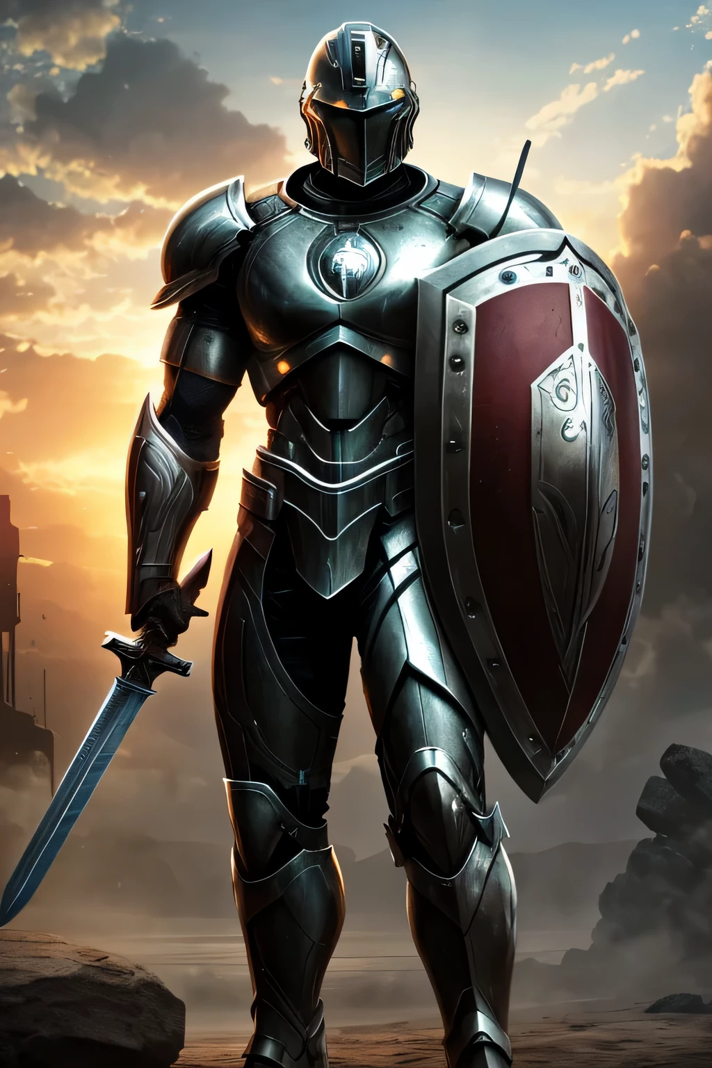 A Spartan cyborg with a shield and sword in hand