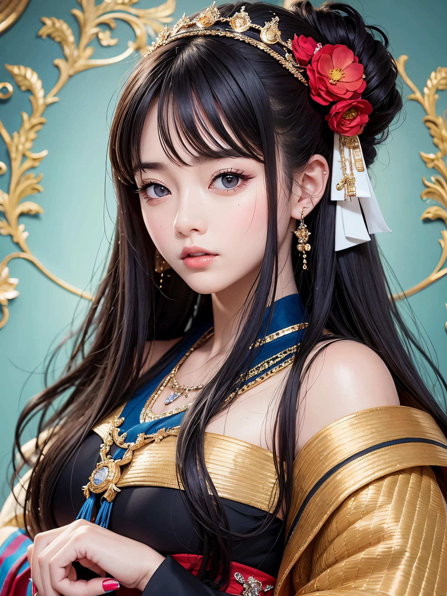masterpiece、highest quality、Highest image quality、Super high quality、18 year old girl、Cute detailed girl、highly detailed eyes and face、Cute detailed face、Well-proportioned face、perfect skin、beautiful lips、look at me、face is facing forward、Japanese、japanese goddess、black hair、round face、black eyes、perfect description、Describe only the face