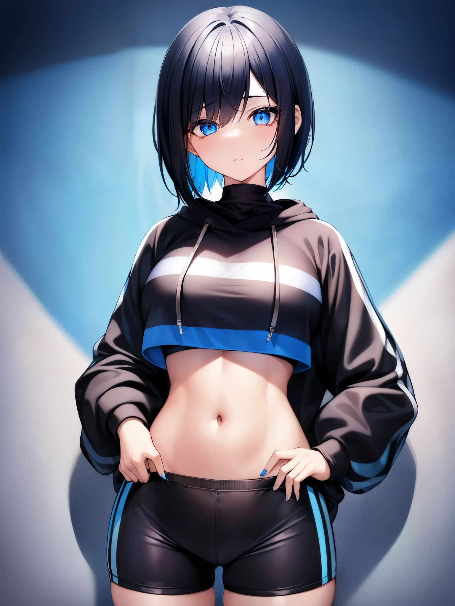 1 girl、緑eye、smiley、black hair、Blue Gradient Hair、short hair、Cropped Hoodie Under Bob Cut、Blue Leggings、Skinny waist:1.3、big breasts、Giant hips、belly button、Lower breast cut hoodie(details face:1.2)、(details face:1.2)eye:1.2)、(detailed background)、graffiti wall