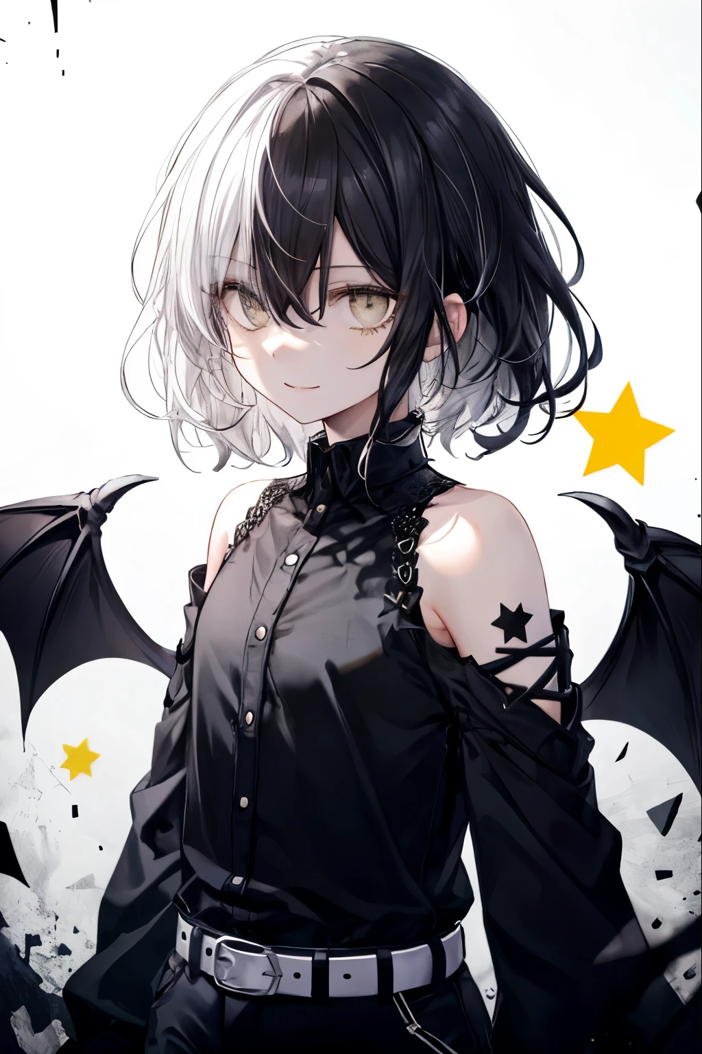 highest quality、best quality、8K、ultra high resolution、highest quality、super detailed、perfect face、very detailed、very delicate、1 boy, solo、(scared), Gorgios、 dark,soft hair、shoulder-length hair、medium hair((Black hair on the right side and white hair on the left side))、black eyes, ((yellow stars in my eyes)), Black long-sleeved shirt,Black shorts、belt、 full of confidence, smile, close your mouth、expressive eyes, collofull eyes, contrast, shadowy,digital art, shining eyes, Intimidating, damaged, devilish,detailed face、Detailed eyes、Detailed background、 dark背景, Based on white and black、black liquid