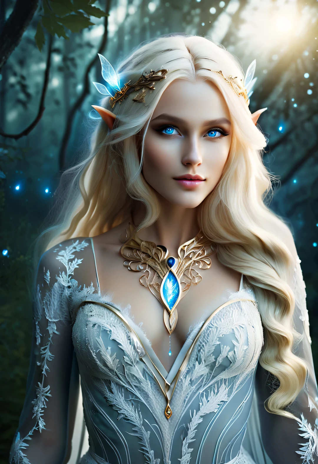 Charming half-length close-up photo of Nordic light elf, Has blonde hair, blue eyes, Exceptionally beautiful, minimalist, eternal melancholy, Stylish photography style, Dramatic firefly light, black to black, Asymmetrical composition, concept fantasy, intricate details, Perfect body, radiant skin, expressive eyes, High cheekbones, Delicate nose, bright smile, flowing hair, Wearing an exquisite white high-end lace wedding dress, Forest background under moonlight, Advertising style shoot, romantic wedding photography style, soft natural light, Shot with Canon AE-1 film camera, Lens 50mm, F/1.8, Deep light, pastel color palette, Very detailed, 8k,