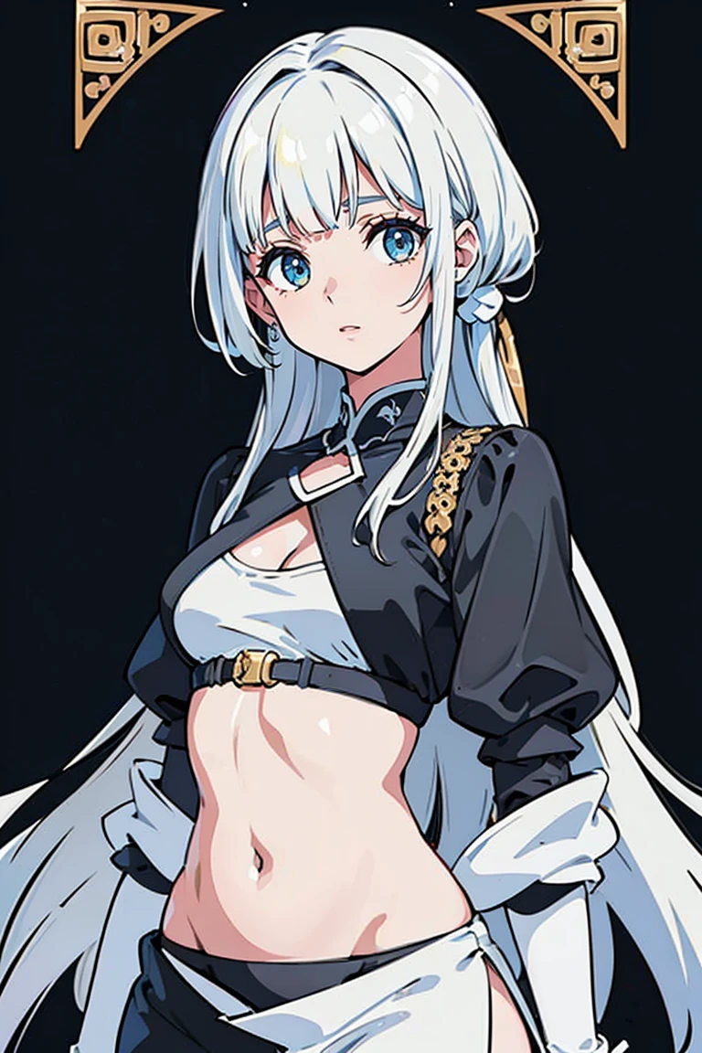 (melhor qualidade, high resolution, obra de arte :1.3), Uma mulher madura alta e bonita, thin abdomen, cabelo castanho escuro,Amarrado em um rabo de cavalo solto e ondulado, seios, usando um pingente, Loose white cropped top with white button,mangas compridas brancas, visible abdomen, visible stomach, cinto, Saia preta, (arquitetura moderna em segundo plano), Detalhes primorosamente renderizados no rosto e textura da pele, olhos detalhados, double eyelid, decote
