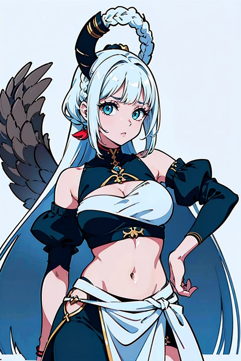 (melhor qualidade, high resolution, obra de arte :1.3), Uma mulher madura alta e bonita, thin abdomen, cabelo castanho escuro,Amarrado em um rabo de cavalo solto e ondulado, seios, usando um pingente, Loose white cropped top with white button,mangas compridas brancas, visible abdomen, visible stomach, cinto, Saia preta, (arquitetura moderna em segundo plano), Detalhes primorosamente renderizados no rosto e textura da pele, olhos detalhados, double eyelid, decote