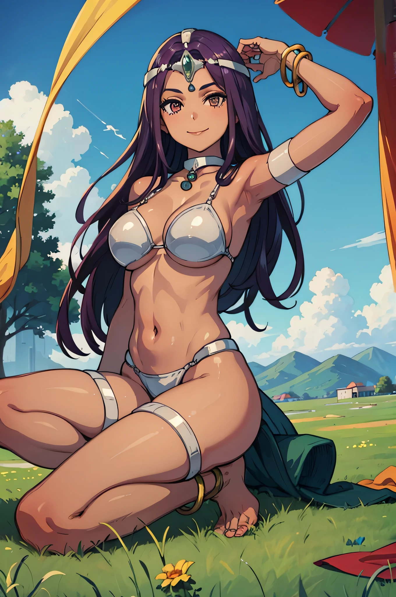 masterpiece, best quality, Decmania, circus, collar, bracelet, armband, bikini, Ren Baolin, , Smile, looking at the audience, Place, sky sky, cloud, grassland, Everlasting,Tanned, sitting, barefoot, Big breasts, sunburned