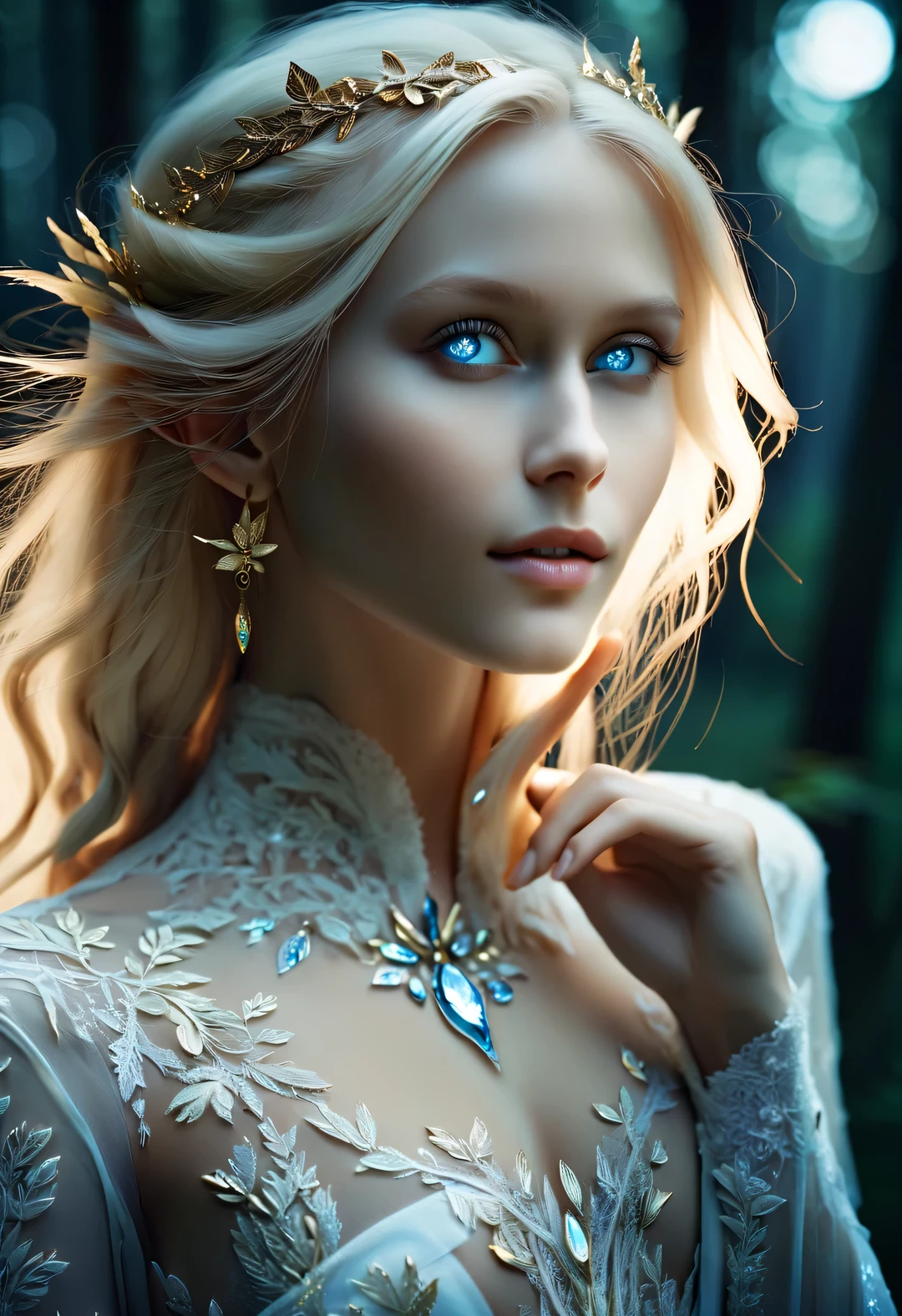 Charming half-length close-up photo of Nordic light elf, Has blonde hair, blue eyes, Exceptionally beautiful, minimalist, eternal melancholy, Stylish photography style, Dramatic firefly light, black to black, Asymmetrical composition, concept fantasy, intricate details, Perfect body, radiant skin, expressive eyes, High cheekbones, Delicate nose, bright smile, flowing hair, Wearing an exquisite white high-end lace wedding dress, Forest background under moonlight, Advertising style shoot, romantic wedding photography style, soft natural light, Shot with Canon AE-1 film camera, Lens 50mm, F/1.8, Deep light, pastel color palette, Very detailed, 8k,