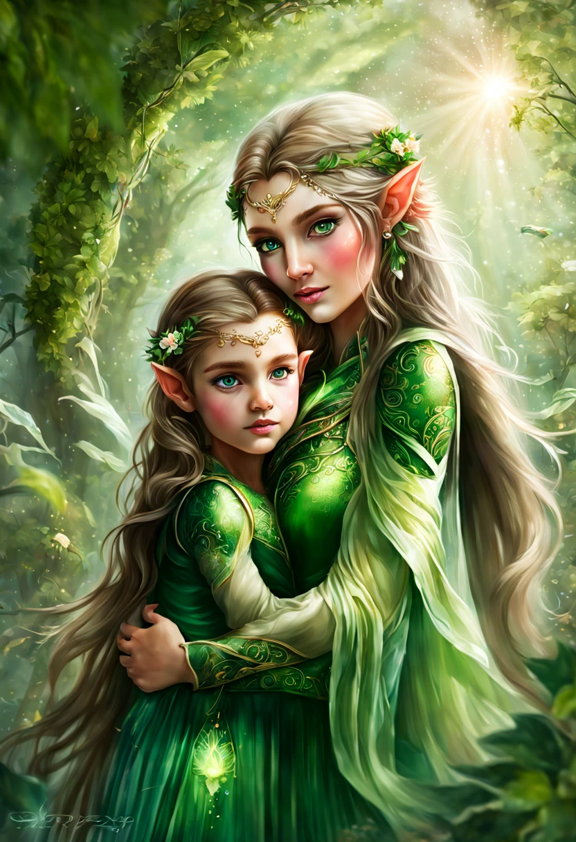 Hyper-detailed photograph of a captivating portrait of an elf mother with her baby: 1.2), (sharp focus, hyper-detailed, very complex: 1.20), (natural lighting: 1.2), ultra-high resolution details, photorealistic,elf mom cradles her elf baby, detailed facial features of both, soft and warm lighting, vibrant colors, magical garden background, ethereal atmosphere, fairytale-like scenery, delicate and intricate textures, mystical aura, sparkling eyes, flowing silky hair, tender and loving expression, gentle rocking motion, lush green foliage, colorful flowers, sunshine filtering through the leaves, magical glow surrounding the scene, enchanting and serene ambiance, dreamlike setting, maternal love, ethereal beings, pure and innocent bond.