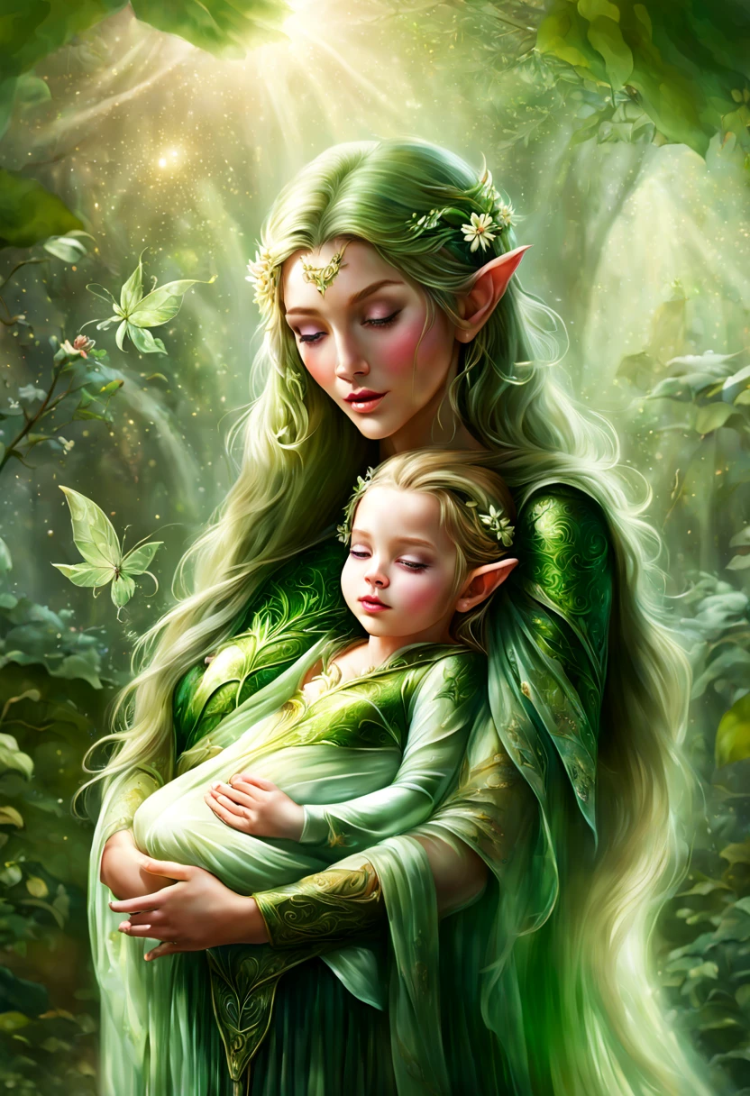 Hyper-detailed photograph of a captivating portrait of an elf mother with her : 1.2), (sharp focus, hyper-detailed, very complex: 1.20), (natural lighting: 1.2), ultra-high resolution details, photorealistic,elf mom cradles her elf baby, detailed facial features of both, soft and warm lighting, vibrant colors, magical garden background, ethereal atmosphere, fairytale-like scenery, delicate and intricate textures, mystical aura, sparkling eyes, flowing silky hair, tender and loving expression, gentle rocking motion, lush green foliage, colorful flowers, sunshine filtering through the leaves, magical glow surrounding the scene, enchanting and serene ambiance, dreamlike setting, maternal love, ethereal beings, pure and innocent bond.