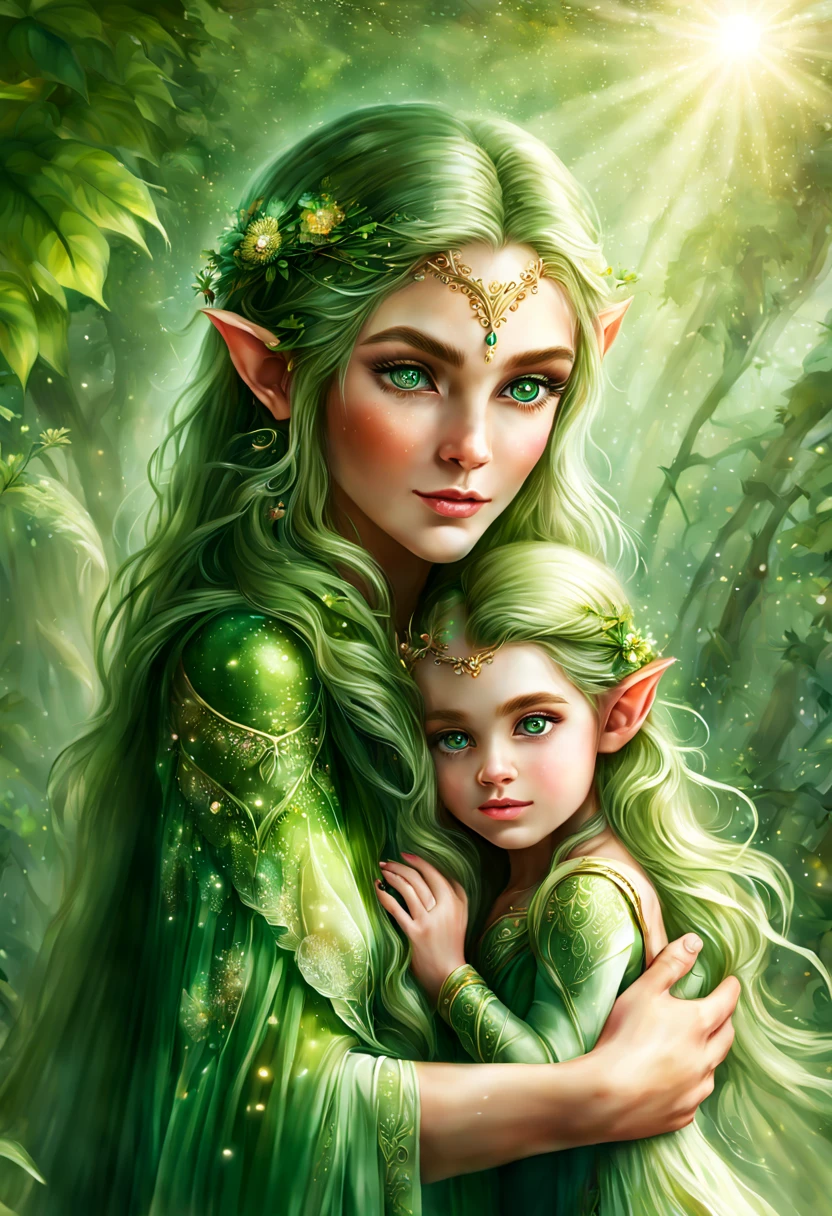 Hyper-detailed photograph of a captivating portrait of an elf mother with her : 1.2), (sharp focus, hyper-detailed, very complex: 1.20), (natural lighting: 1.2), ultra-high resolution details, photorealistic,elf mom cradles her elf baby, detailed facial features of both, soft and warm lighting, vibrant colors, magical garden background, ethereal atmosphere, fairytale-like scenery, delicate and intricate textures, mystical aura, sparkling eyes, flowing silky hair, tender and loving expression, gentle rocking motion, lush green foliage, colorful flowers, sunshine filtering through the leaves, magical glow surrounding the scene, enchanting and serene ambiance, dreamlike setting, maternal love, ethereal beings, pure and innocent bond.