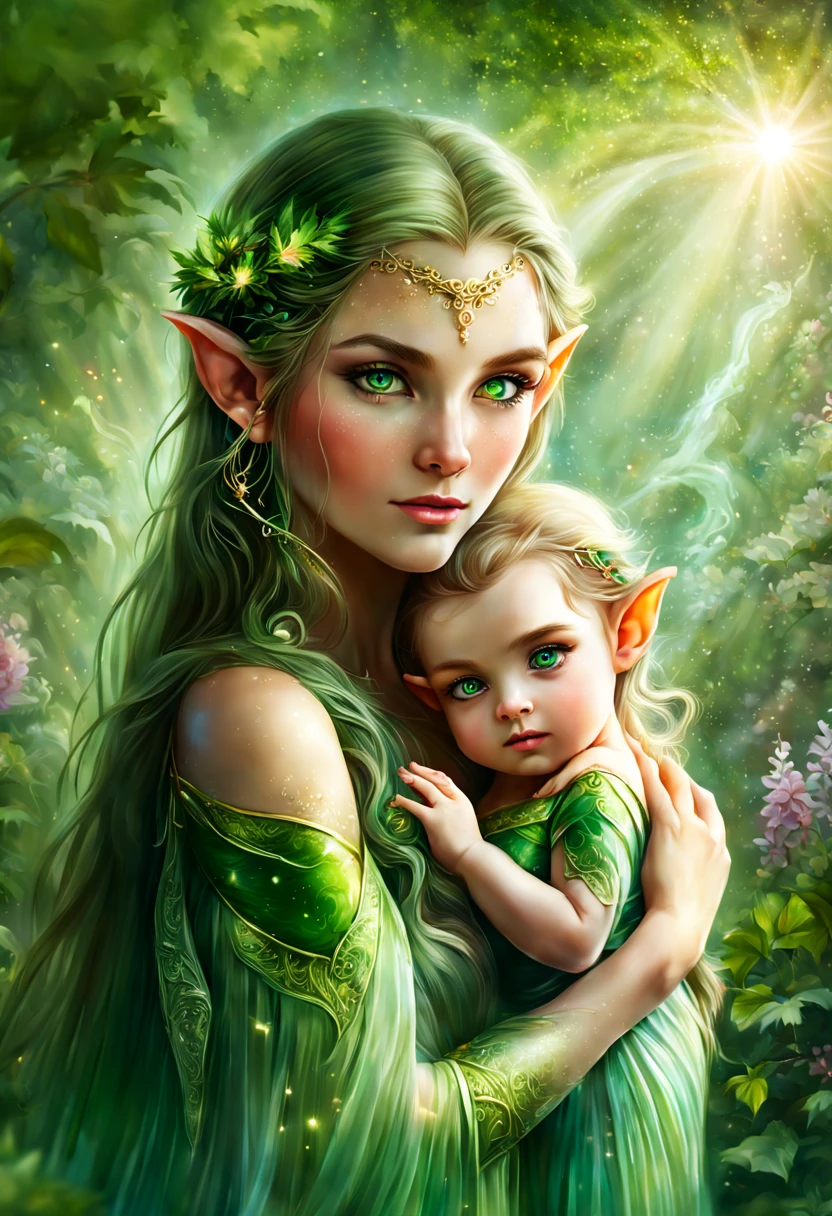 Hyper-detailed photograph of a captivating portrait of an elf mother with her baby: 1.2), (sharp focus, hyper-detailed, very complex: 1.20), (natural lighting: 1.2), ultra-high resolution details, photorealistic,elf mom cradles her elf baby, detailed facial features of both, soft and warm lighting, vibrant colors, magical garden background, ethereal atmosphere, fairytale-like scenery, delicate and intricate textures, mystical aura, sparkling eyes, flowing silky hair, tender and loving expression, gentle rocking motion, lush green foliage, colorful flowers, sunshine filtering through the leaves, magical glow surrounding the scene, enchanting and serene ambiance, dreamlike setting, maternal love, ethereal beings, pure and innocent bond.