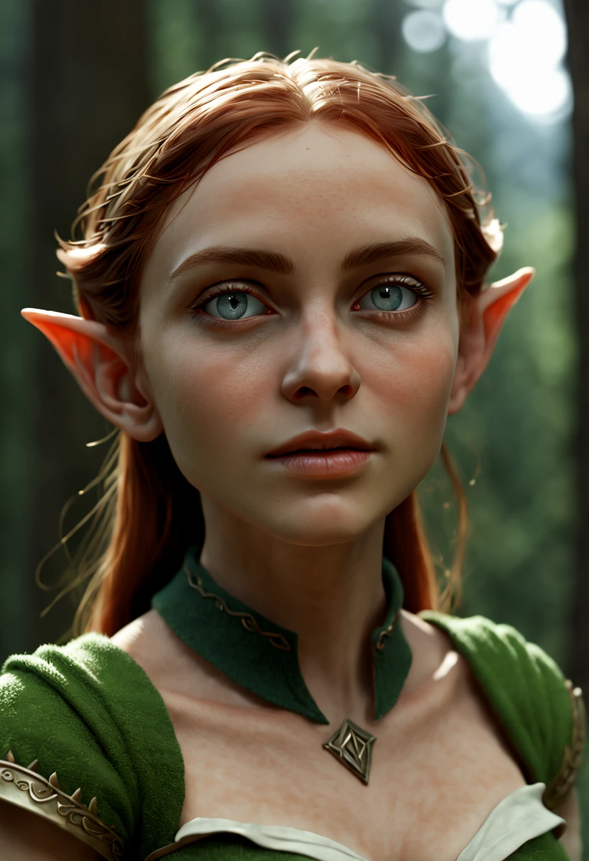 female Elf, Pointy ears and charming eyes, outdoors, octane render, (best quality, masterpiece, Representative work, official art, Professional, 8k), (by Heike Willers:1.2)