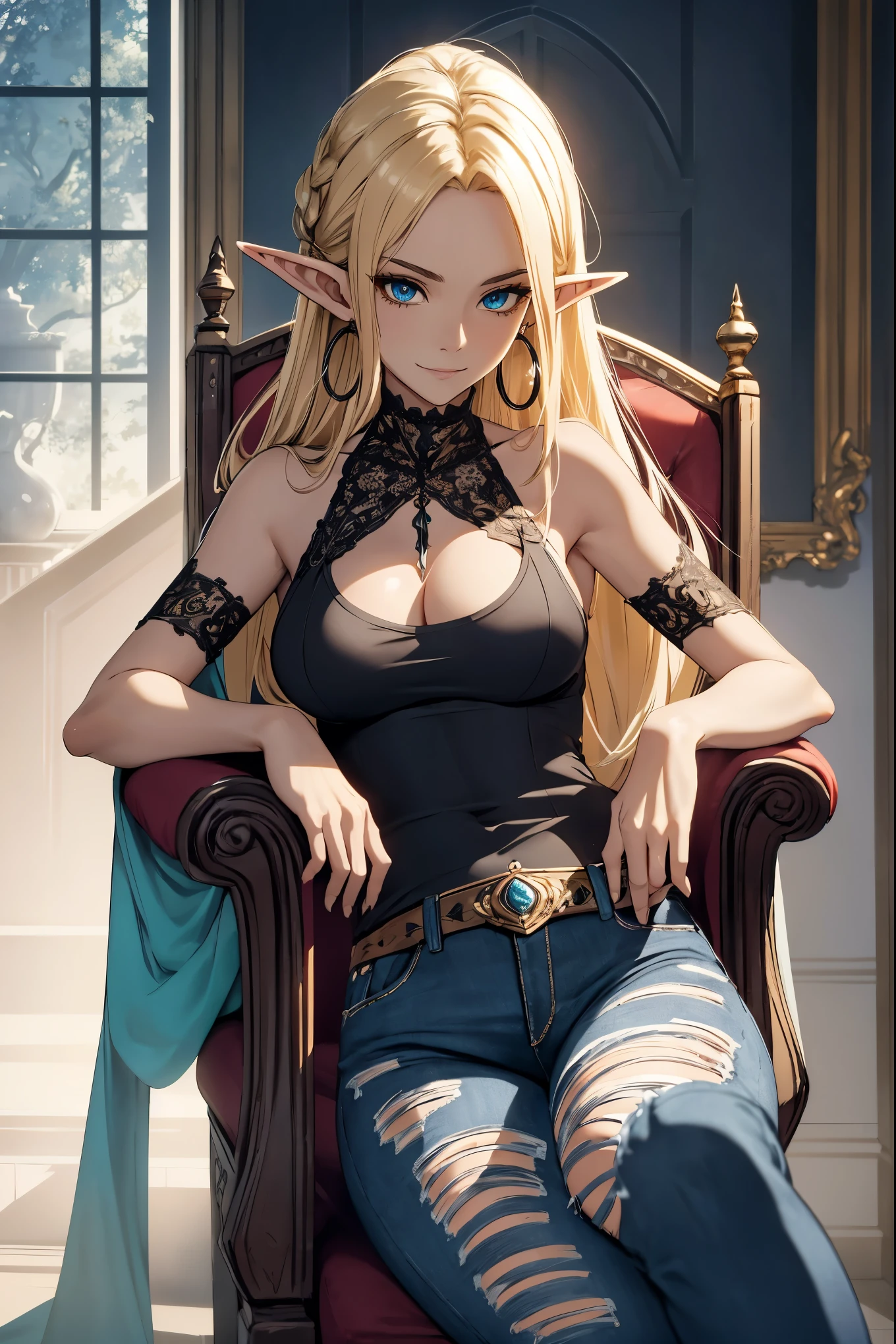 With the given theme "Solo, elf woman, mature:1.4, long blonde hair, hoop earrings, black eyeliner, black eyeshadow, black tank top, ripped blue jeans, lounging in armchair," here is the Stable Diffusion prompt:
"Solo, mature elf woman:1.4 with stunning long blonde hair, wearing hoop earrings. Her eyes are accentuated with black eyeliner and eyeshadow, enhancing her mesmerizing gaze. She's dressed in a stylish black tank top and ripped blue jeans. A perfect blend of elegance and rebellion, she's effortlessly lounging in an armchair.
The scene is depicted using a medium that enhances the artistic style, such as a detailed illustration or a beautifully rendered oil painting.
The colors in the artwork are vibrant and vivid, providing a realistic and photorealistic:1.37 portrayal of the elf woman. The lighting is expertly crafted, with studio lighting techniques creating an atmosphere of depth and allure.
The overall image quality is of the highest caliber, with best quality, 4k, 8k, highres, masterpiece:1.2 resolution. Every detail is captured with ultra-detailed precision, showcasing the elf woman's ethereal beauty and intricate features.
This artwork embodies a concept where the elf woman stands as a solitary figure, exuding confidence and grace. The composition ensures that the focal point remains the elf woman herself, emphasizing her presence in the scene.
Let the viewer immerse themselves in this magnificent artwork, filled with astonishing details and a harmonious blend of colors.
Capture the essence of this captivating, mature elf woman as she relaxes in the armchair, radiating an aura of enchantment and mystery."
