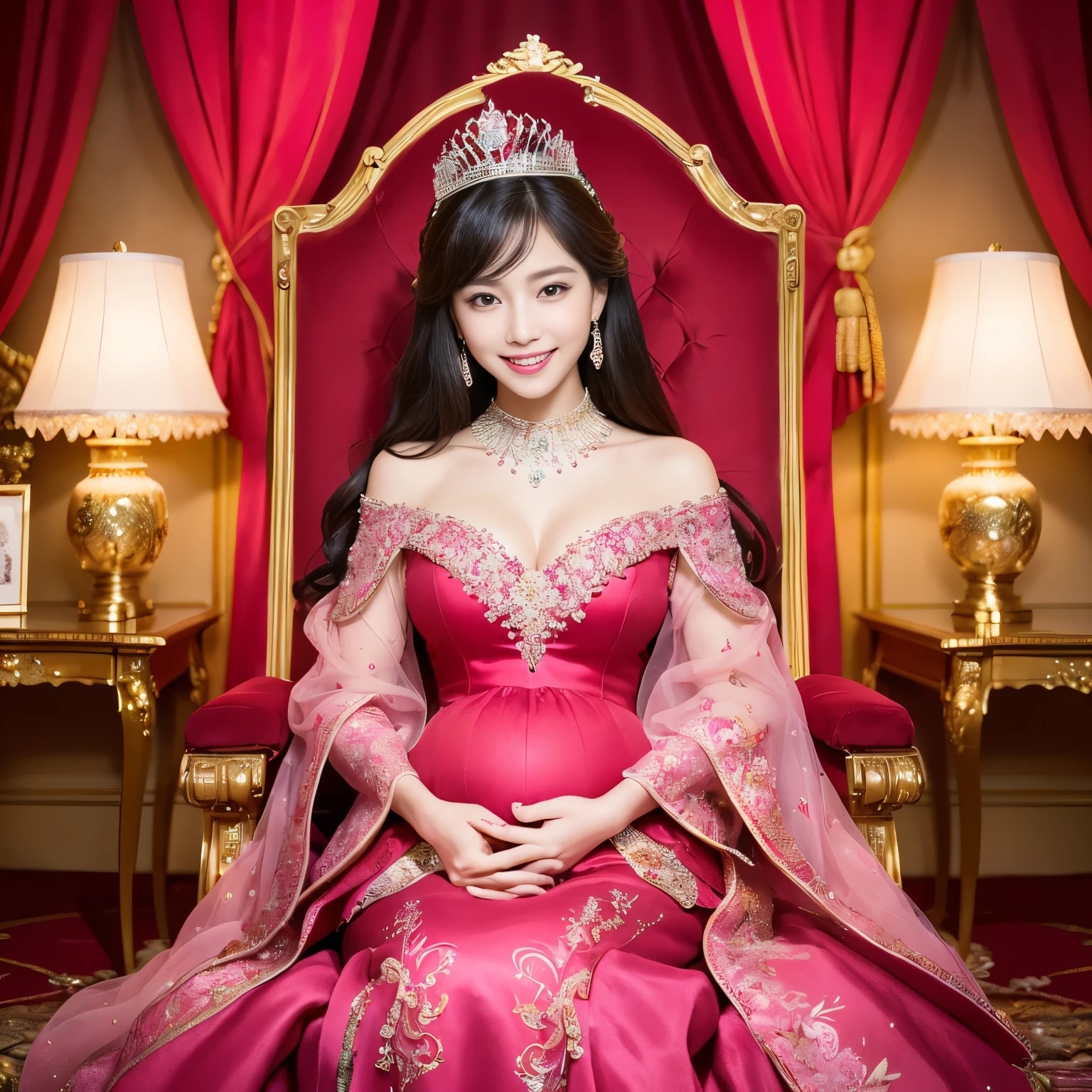 (((highest quality, debris flies, ultra high resolution、the most complex and detailed depiction、Awards, 8K、bright and vivid)))、((1 Japan princess,pregnancy,Ultimate luxury with everything you can imagine,The most luxurious costumes in red and pink,Red and pink costume,超巨大なthroneに座る,The most detailed and luxurious luxury princess room,shine intricately,red and pink sparkle,gorgeous goddess room、the most gorgeous and intricate backgrounds、Front fixed,The best smile staring at the camera,Please smile big,Smile affectionately at me,Shooting from close to the face)),((最もゴージャスなthrone、High-end Red and pink costume、large amount of jewelry decoration,The largest giant tiara in the world,detailed jewelry,detailed decoration,Glitter Costume,shining jewel、Huge decoration,giant costume,Huge sleeves,artistic decoration,very detailed decoration,very intricate decoration)),(big and full breasts,become familiar with,royal, majestic, Queen, Empress quality,table top, intricate details,realistic,, front close-up, throne, Upright posture, become familiar with顔,perfect teeth,white teeth,finely描かれた顔,beautiful face,perfect fingers、professional photos, very delicate and beautiful, very detailed,finely)), (Huge and magnificent seats:1.2),