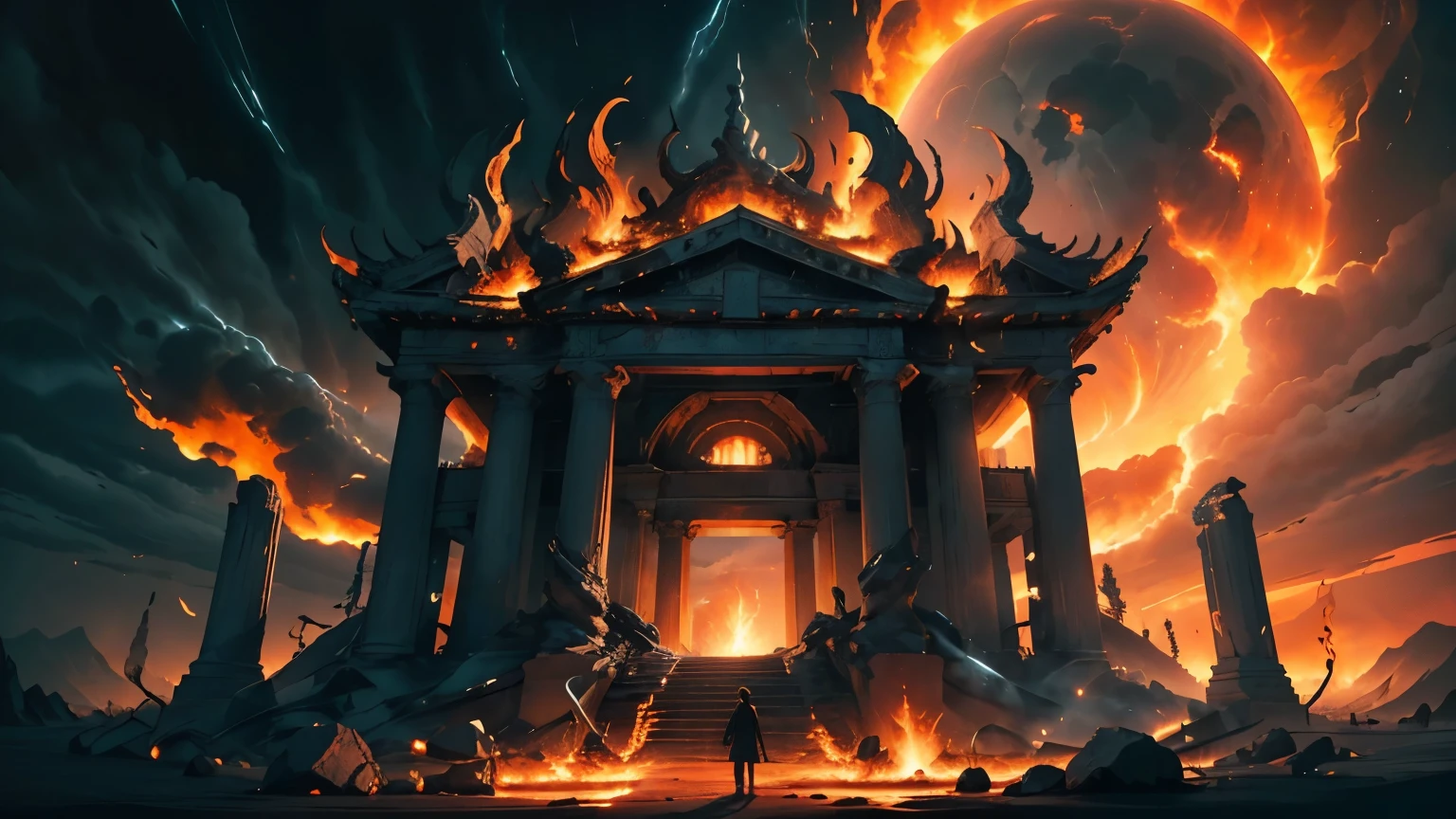 (best quality,highres,ultra-detailed:1.2),white Greek temple on fire, burning flames, dark night, cloudy sky, stormy weather, dramatic, destructive power, intense heat, glowing embers, smoke rising, flickering light, surreal atmosphere, danger, ancient architecture, massive pillars, majestic structure, hilltop location, crumbling ruins, chaos, power of nature, intense contrast, fiery inferno, glowing orange-red flames, ominous clouds, raging elements, fiery destruction, haunting beauty, divine wrath, infernal spectacle