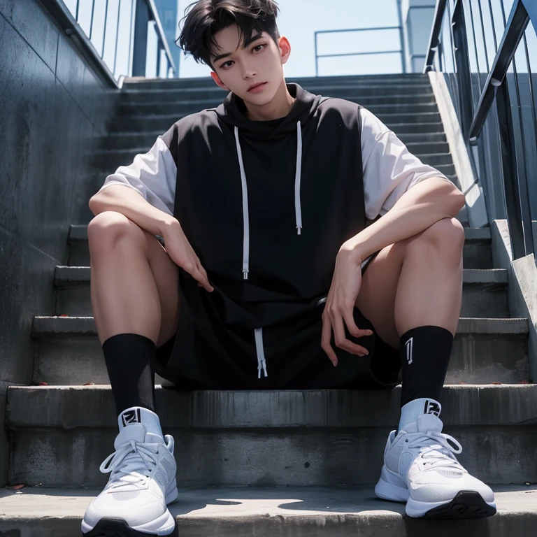 1 Korean young men,male,20 years old,High,Height 180 cm,Hair medium length,Black sweatshirt,black long pantlack and white high-top basketball shoes,White sport socks,sitting on the steps,legs open,one hand touching shoeadass anime 4k ,POV perspective,Proud,Cold,looking into camera,