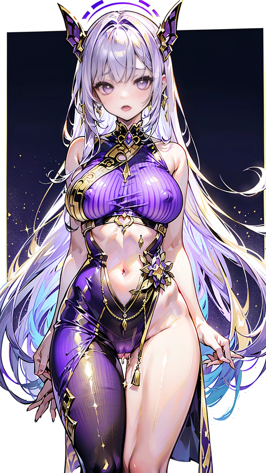 (Wearing transparent purple and gold clothing:1.5),Beautiful girl in official dress,The hair whiong white hair,red pupils,A slim waist does not show off the figure,(exposed Breasts:1.2),high quality,(see-through clothing:1.3),(Conspicuous nipples :1.2),(Conspicuous Vagina :1.2),(Orgasm:1.3)
