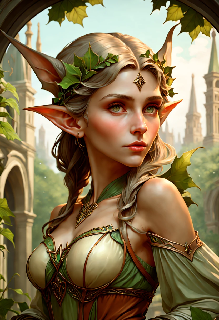 female Elf, Pointy ears and charming eyes, outdoors, octane render, (best quality, masterpiece, Representative work, official art, Professional, 8k), (by Alphonse Mucha:1.2)