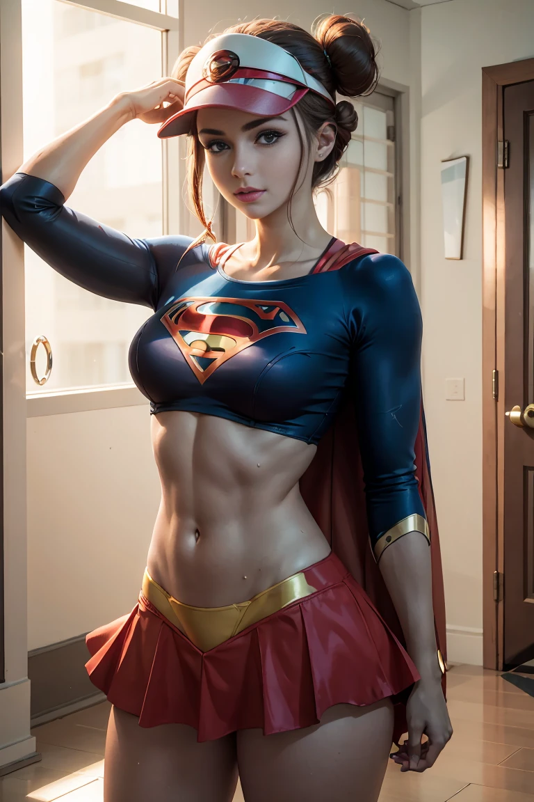 Supermodel physique, corpo perfeito,  pele clara perfeita, ultrarrealista, hiperrealismo, fotorrealista, ultra qualidade, obra de arte, alta qualidade, Lindo, rosto sexy, bonito,  Ligeiramente tonificado, ajustar, supermodel construction, 3/4 Body vision, cintura sexy, quadris sexy, pernas perfeitas, fenda apertada,  facing the camera,  Rosa(Pokémon), 1 garota, Sozinho, Superhero Supergirl, terno Supergirl, red cape, S do super-homem no peito, blue swimsuit, Red skirt, botas vermelhas, double bun, coque de cabelo, visor cap, Brown hair, corar, Poke Ball Printing, Rosa(Pokémon) 