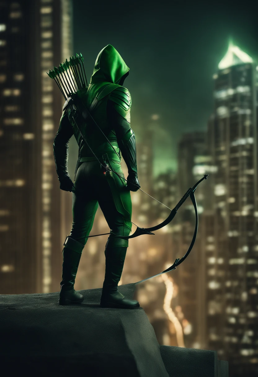 Green arrow superhero, Tall building, big moon, city lights, bike, Villain, bow and arrow, evil eye. Hyper-detailed, best quality, ultra-high resolution, HDR, 8K.