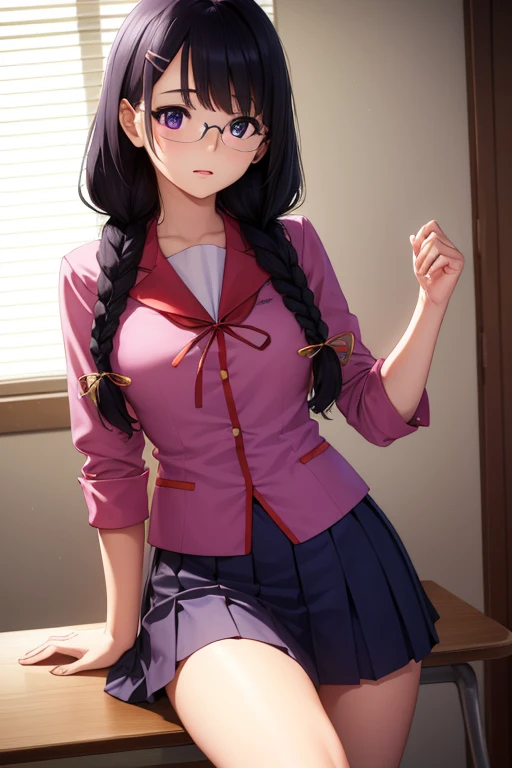 hanekawatsubasa, hanekawa tsubasa, long hair, black hair, hair ornament, (purple eyes:1.1), braid, hairclip, twin braids, naoetsu high school uniform, glasses,
BREAK skirt, school uniform, naoetsu high school uniform,
BREAK indoors, classroom,
BREAK looking at viewer,
BREAK (masterpiece:1.2), best quality, high resolution, unity 8k wallpaper, (illustration:0.8), (beautiful detailed eyes:1.6), extremely detailed face, perfect lighting, extremely detailed CG, (perfect hands, perfect anatomy),