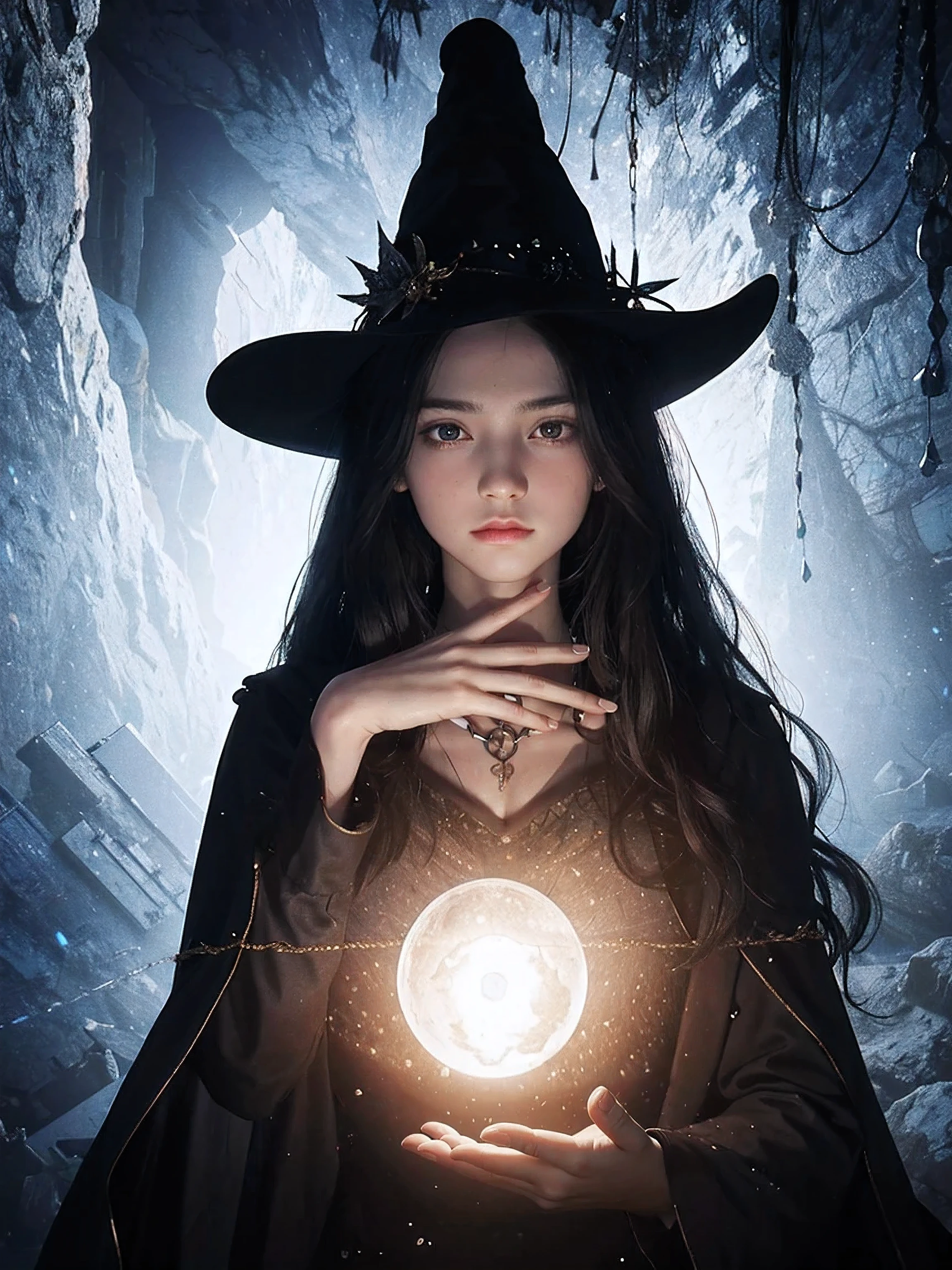 1 girl, (witchcore, sorcerous, pagan, mystery, nature, mystery的) , magician, spell magic, magic circle, ((magic in hand)),(masterpiece, best quality:1.4),(ridiculous, high resolution, Super detailed:1.2),(Use black magic:1.4), imaginative overlay, Art fusion,fantastical scenes, evocative narrative, Eye-catching visuals, Upper body ，(((best quality))),(((Super detailed))),(((masterpiece)))